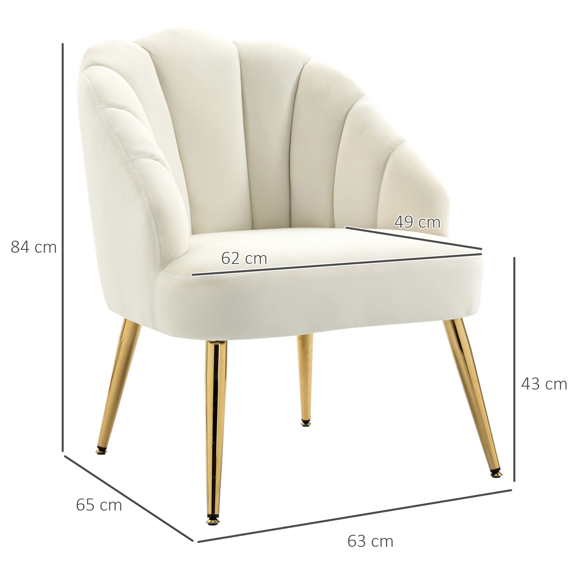 Sedia bianca con gambe dorate. La sedia ha dimensioni visualizzate. Lo sfondo è bianco.