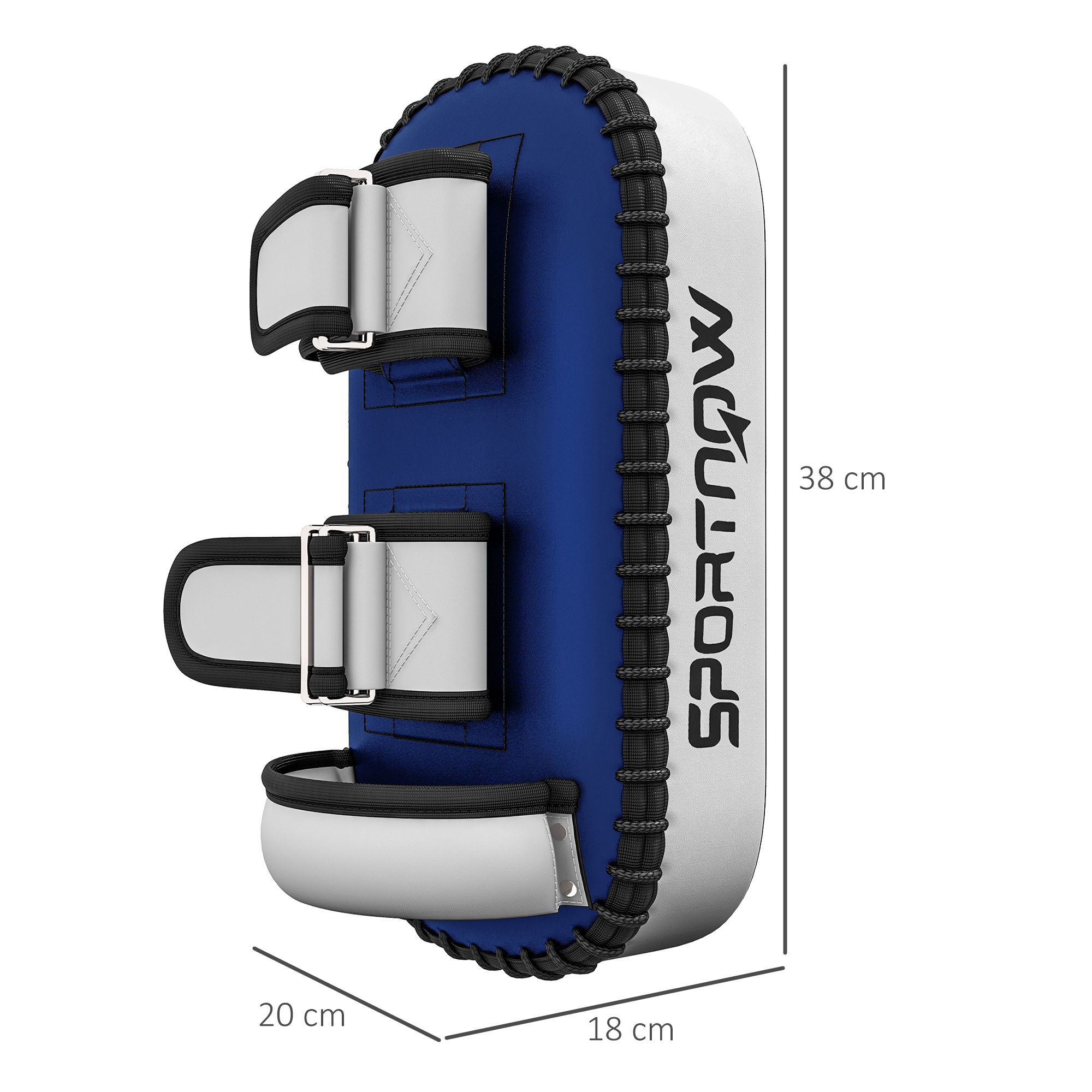 Paracolpi da kickboxing blu e bianco con dimensioni e testo 'SPORTNOW'.