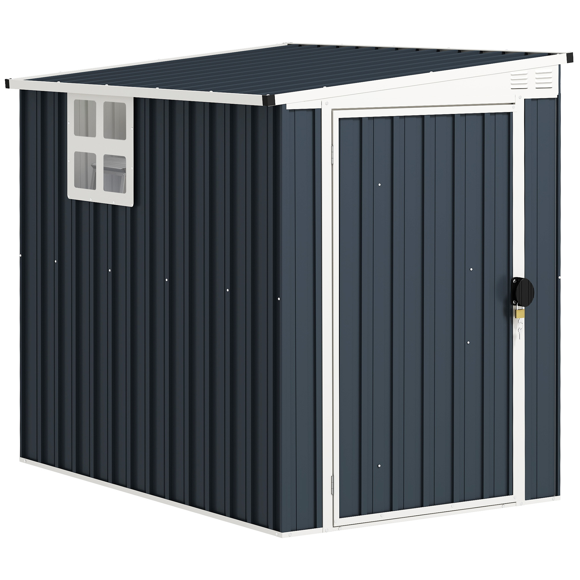 Capannone in metallo blu scuro con finestra e porta.