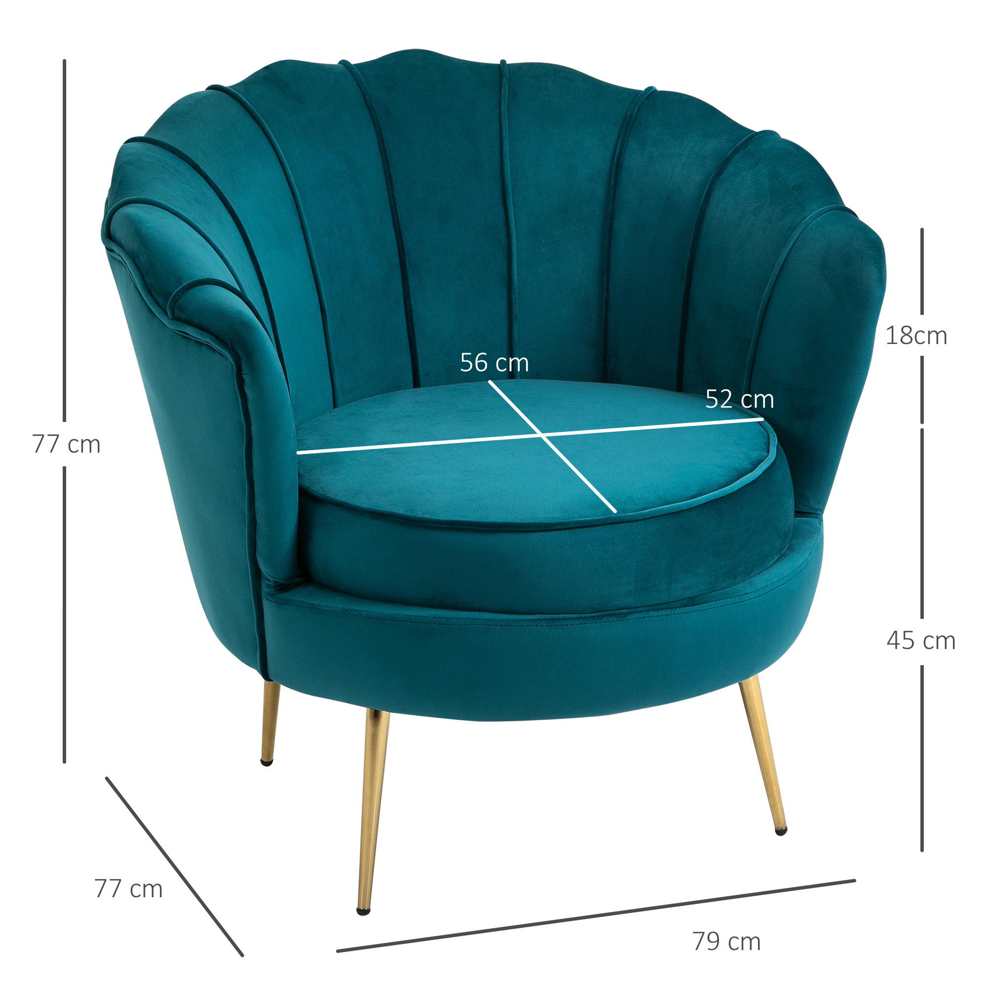 Poltrona in velluto turchese con gambe dorate. Dimensioni e misure etichettate.