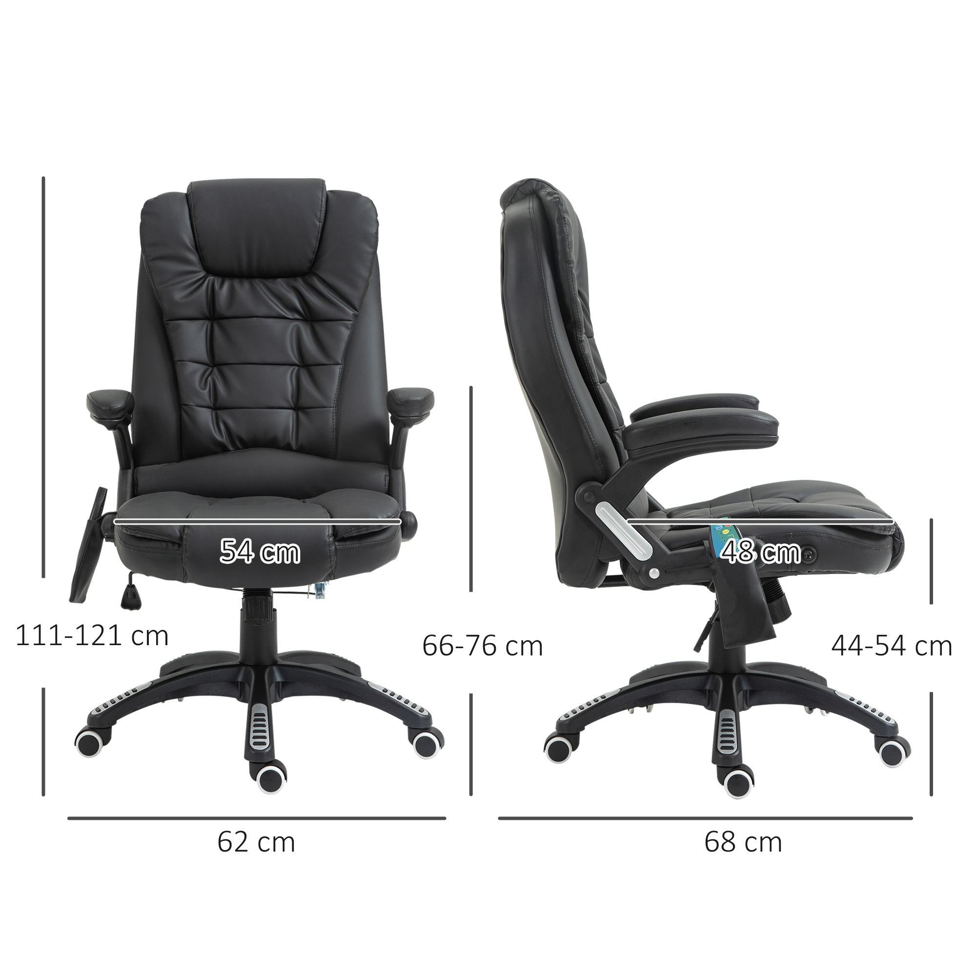 Sedia da ufficio nera con misure. Sono visualizzate viste frontali e laterali.