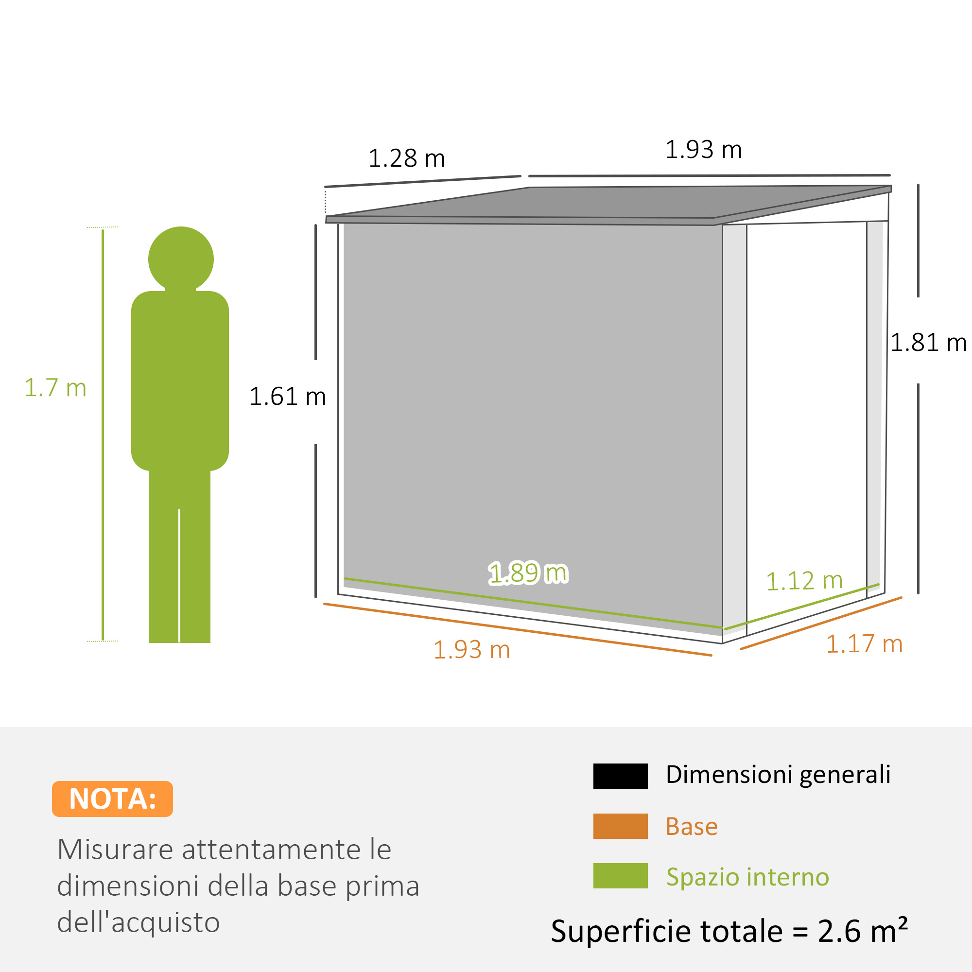Diagramma di un capannone con dimensioni e una persona. Il capannone è grigio.