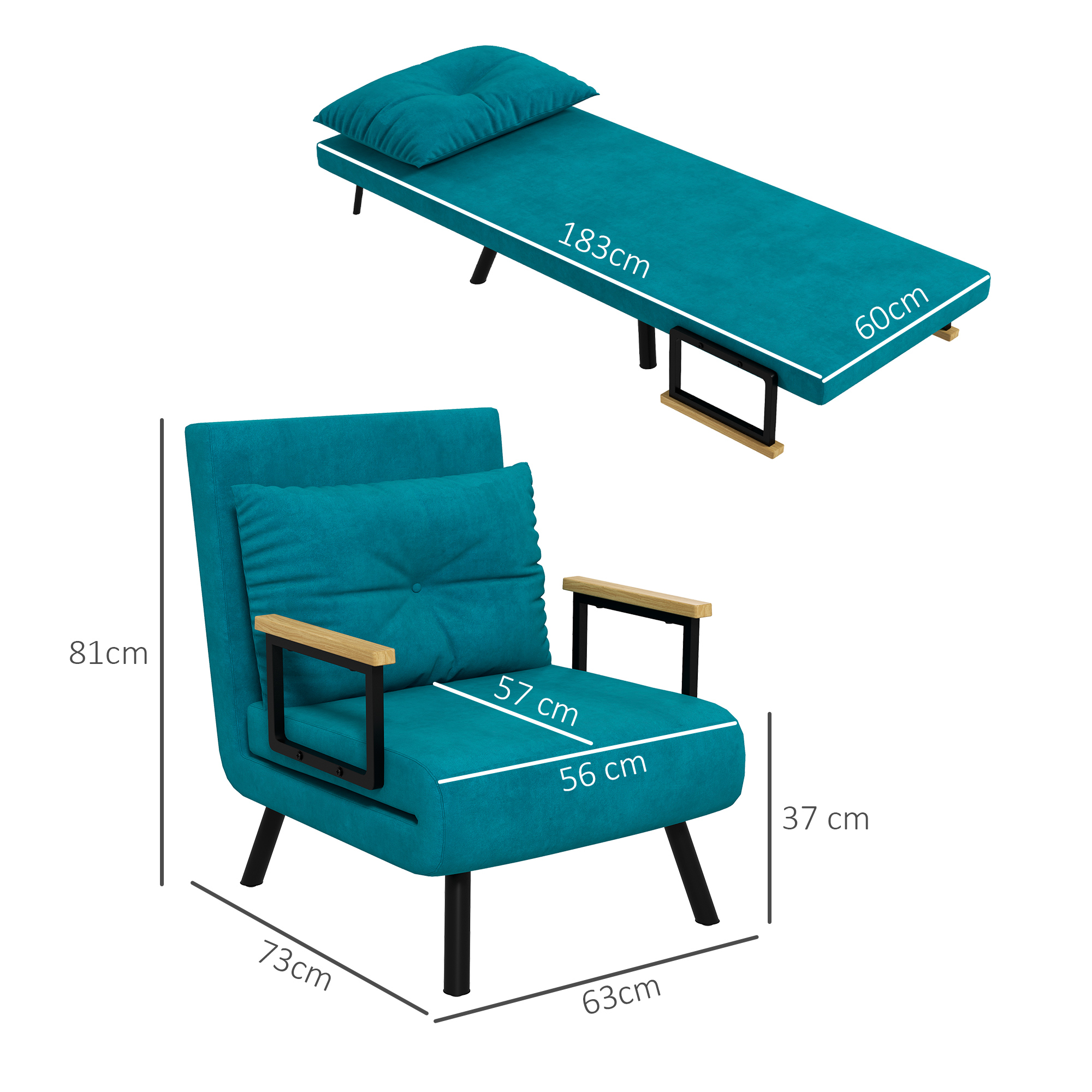 Sedia e letto turchese con dimensioni. Sedia con gambe nere, braccioli in legno.