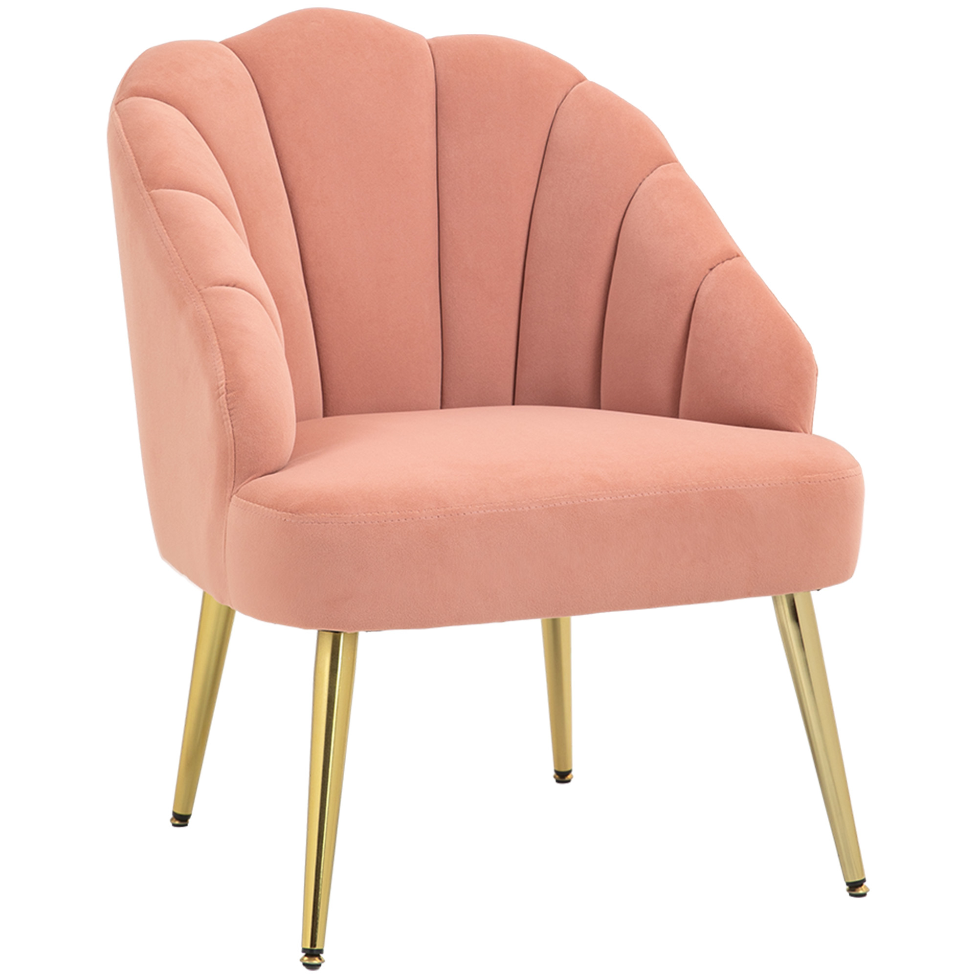 Sedia in velluto rosa con gambe dorate. La sedia ha uno schienale curvo a forma di conchiglia.