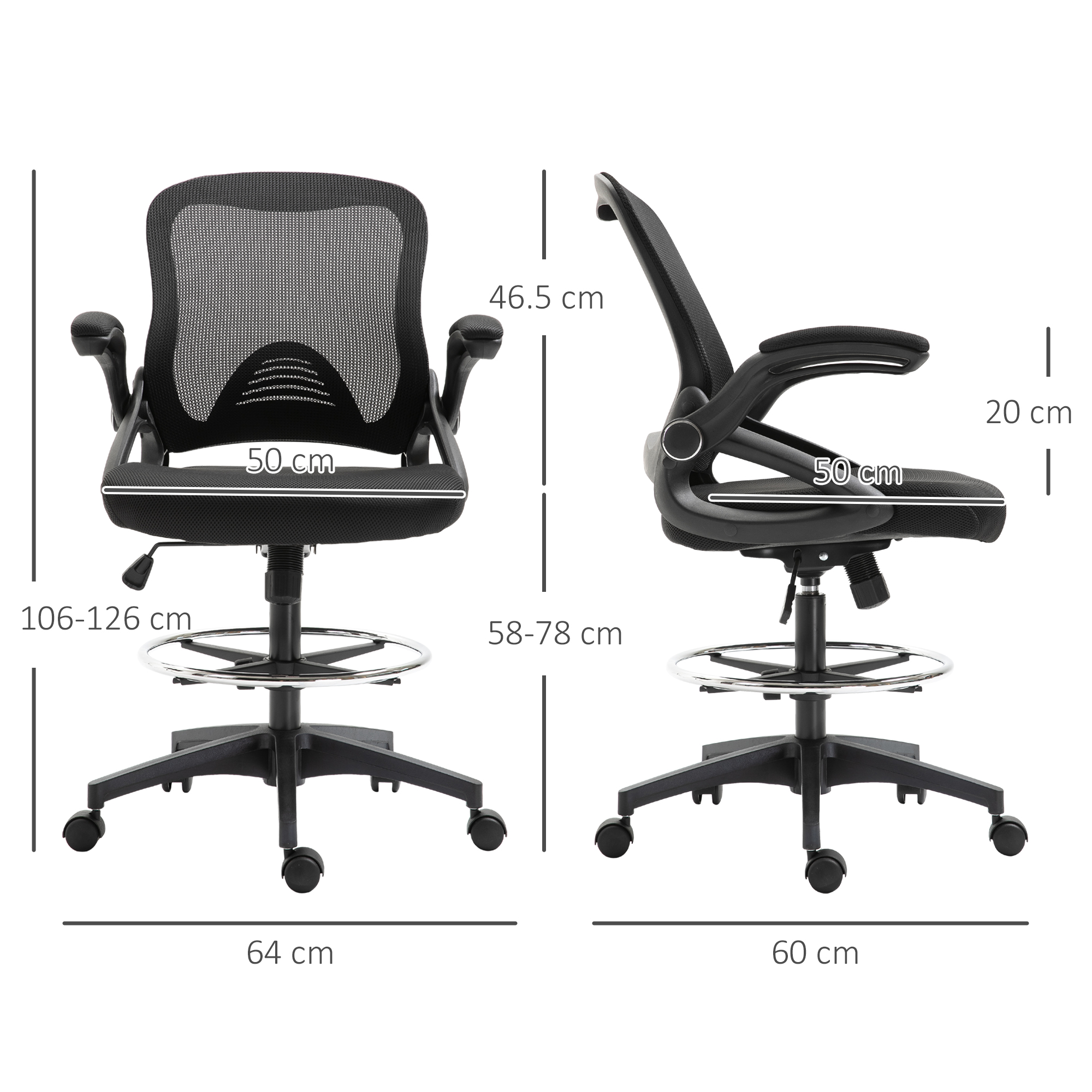 Sedia da ufficio in rete nera con misure, vista da davanti e di lato. Base nera con ruote.