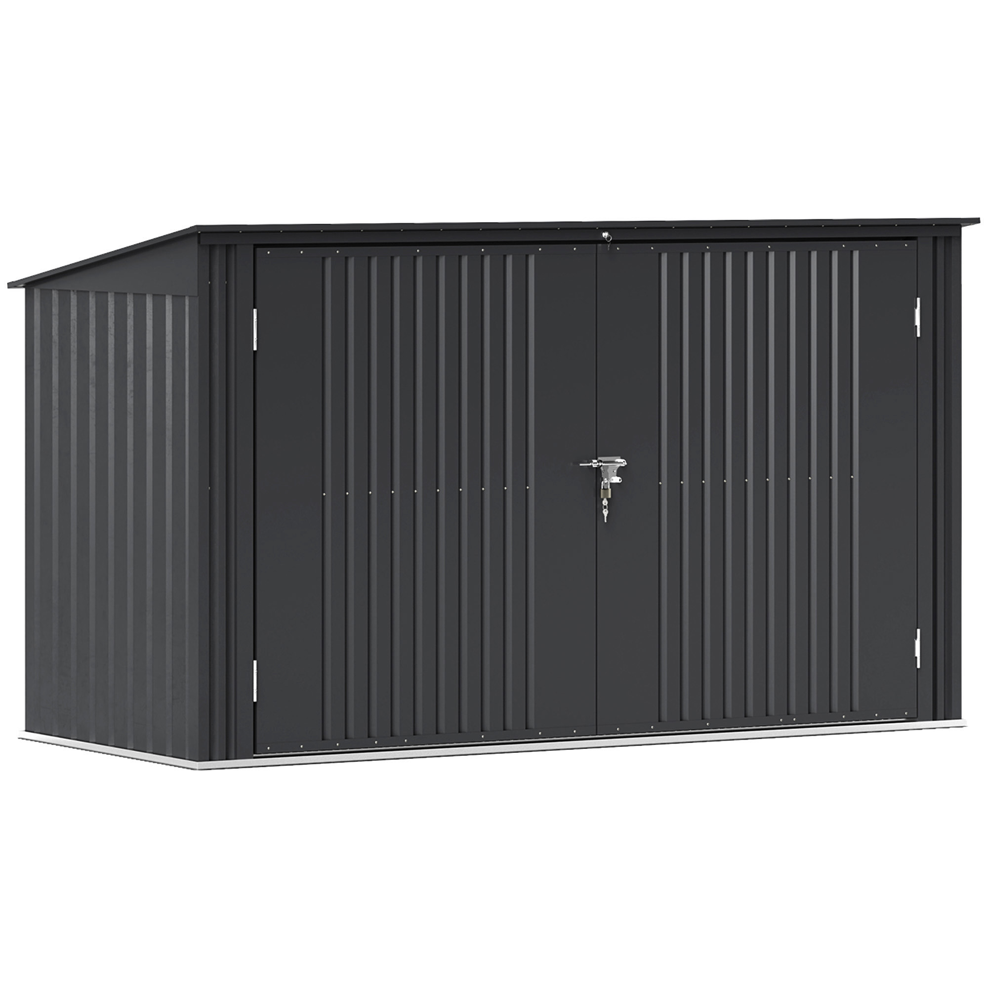 Capannone metallico grigio scuro, forma rettangolare, con tetto spiovente e porta centrale.