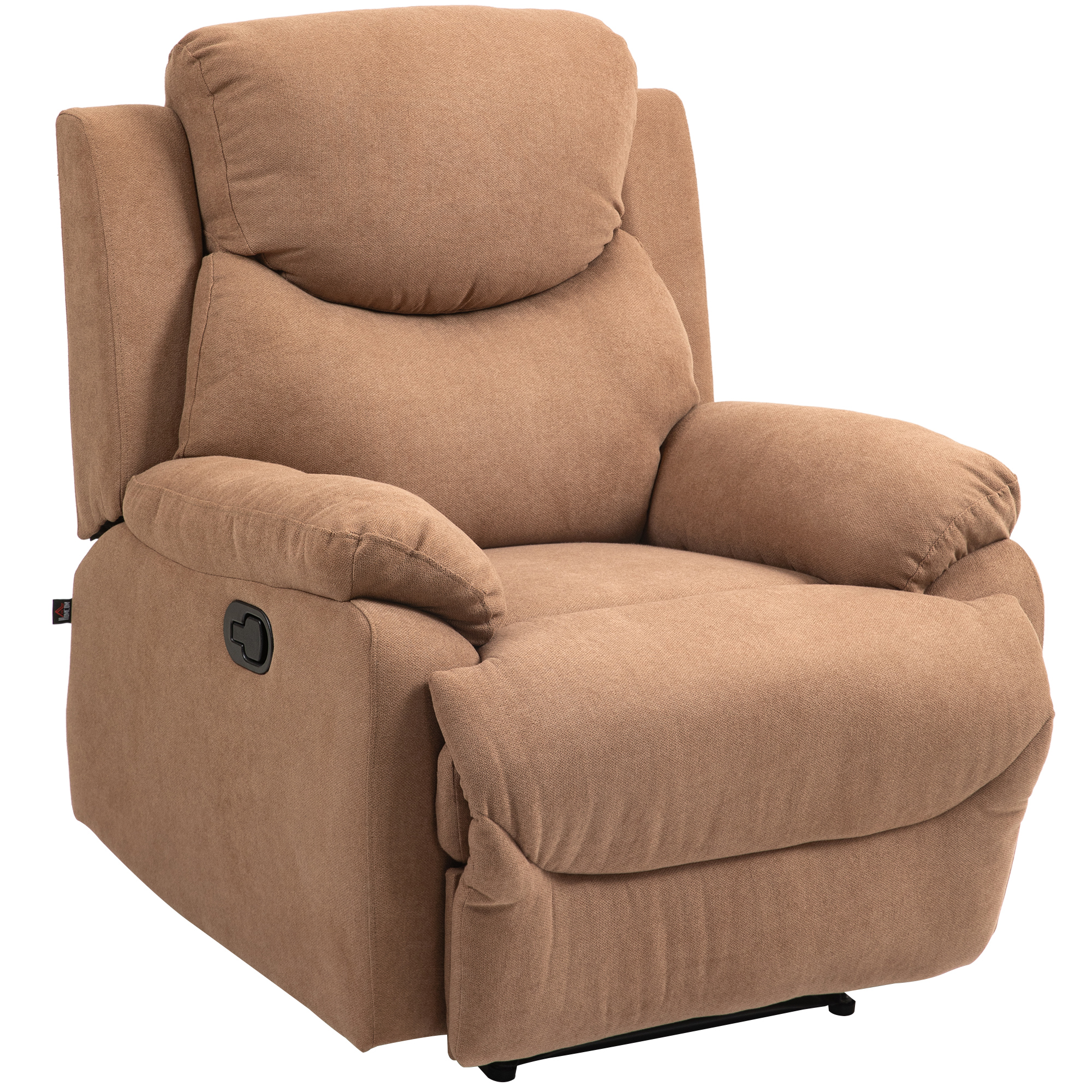 Poltrona reclinabile beige. La sedia ha braccioli e una leva nera. Sfondo bianco.