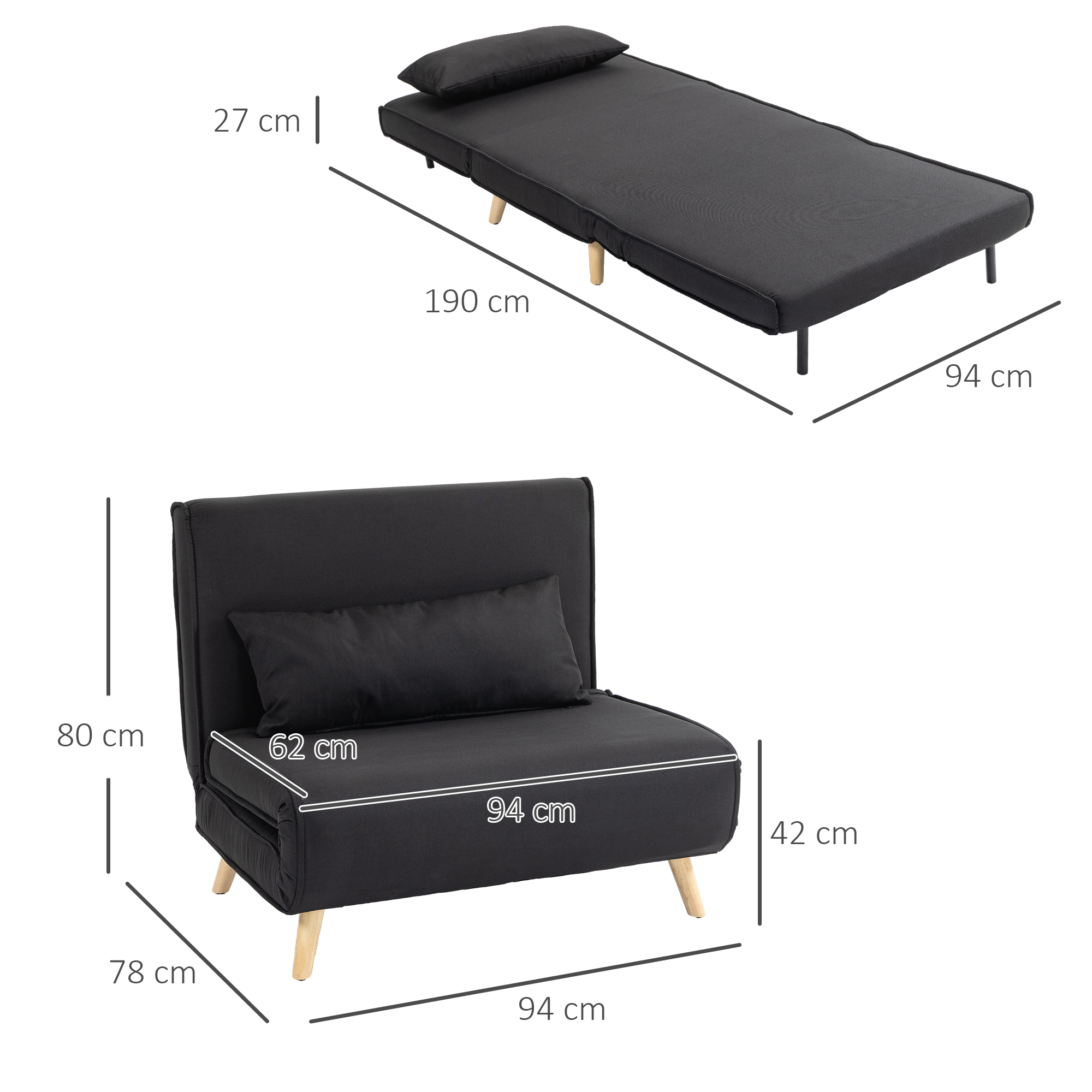 Schwarzes Futon und Stuhl mit Abmessungen, jeweils mit schwarzem Kissen.