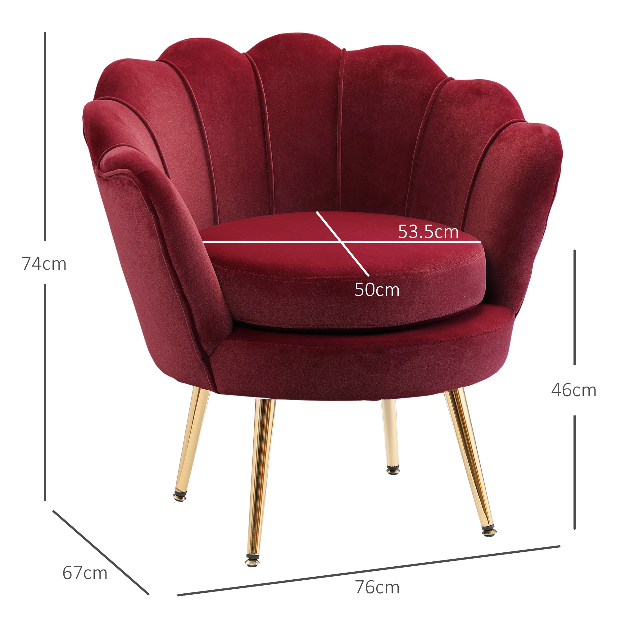 Poltrona bordeaux con gambe dorate. Le dimensioni della sedia sono mostrate.