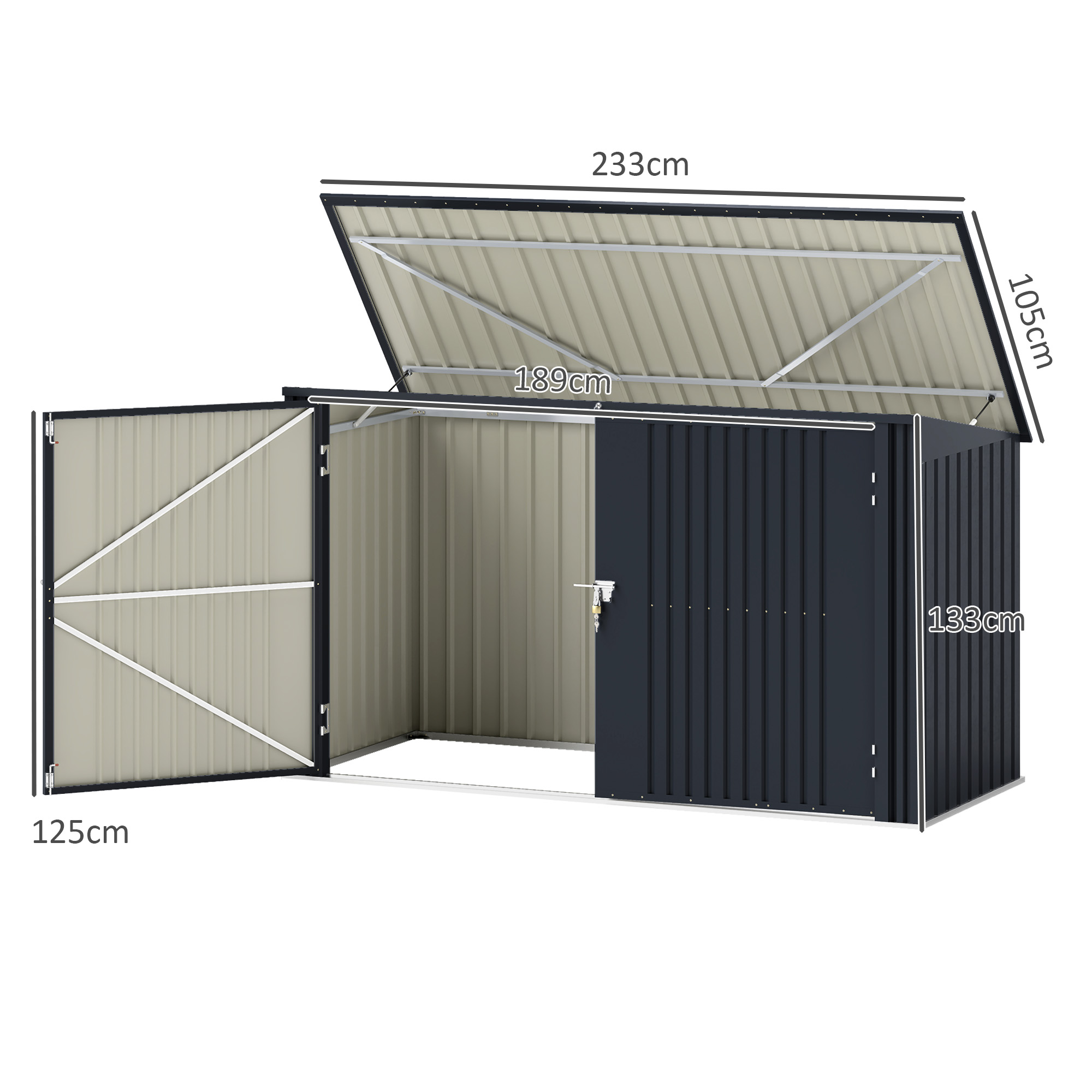 Capanno per esterni in metallo, porte aperte, dimensioni, grigio scuro con interno beige.
