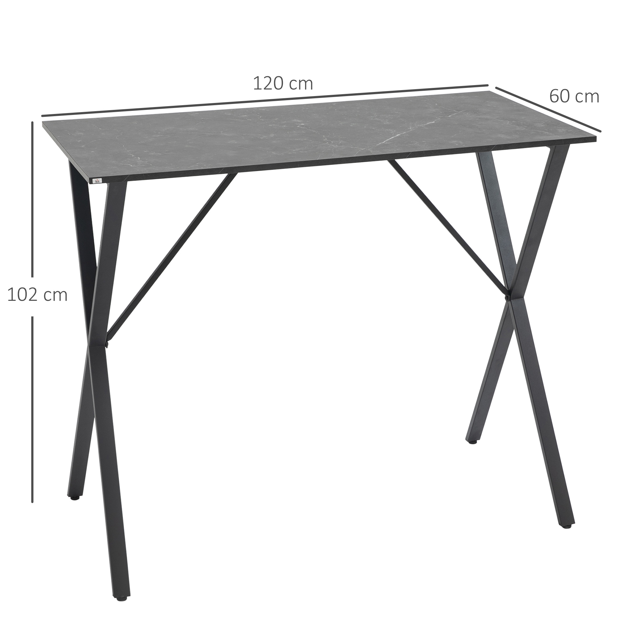 Un tavolo nero con piano in marmo. Il tavolo ha gambe nere angolate.