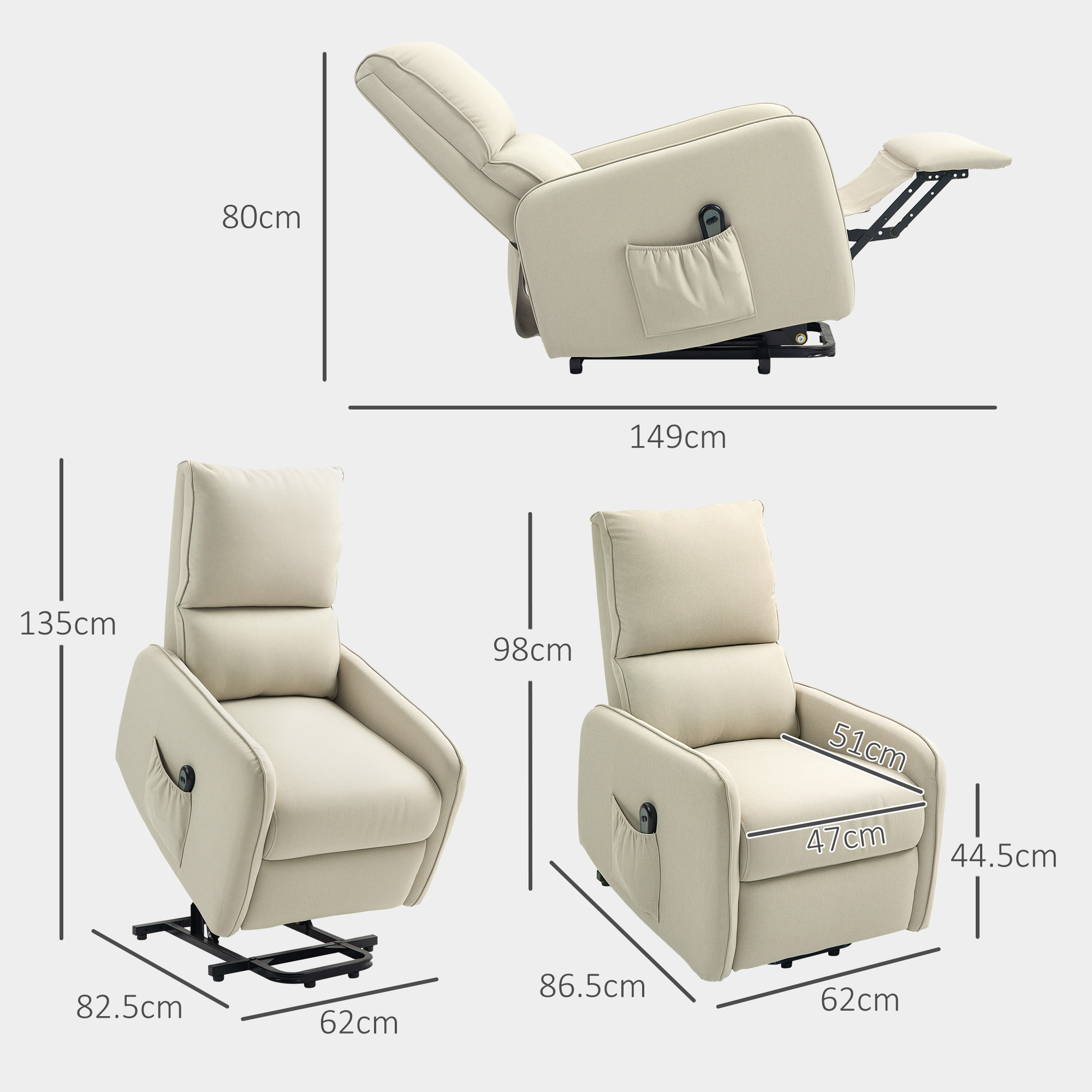 Poltrona reclinabile color crema con dimensioni. Tre viste che mostrano le dimensioni e le caratteristiche.