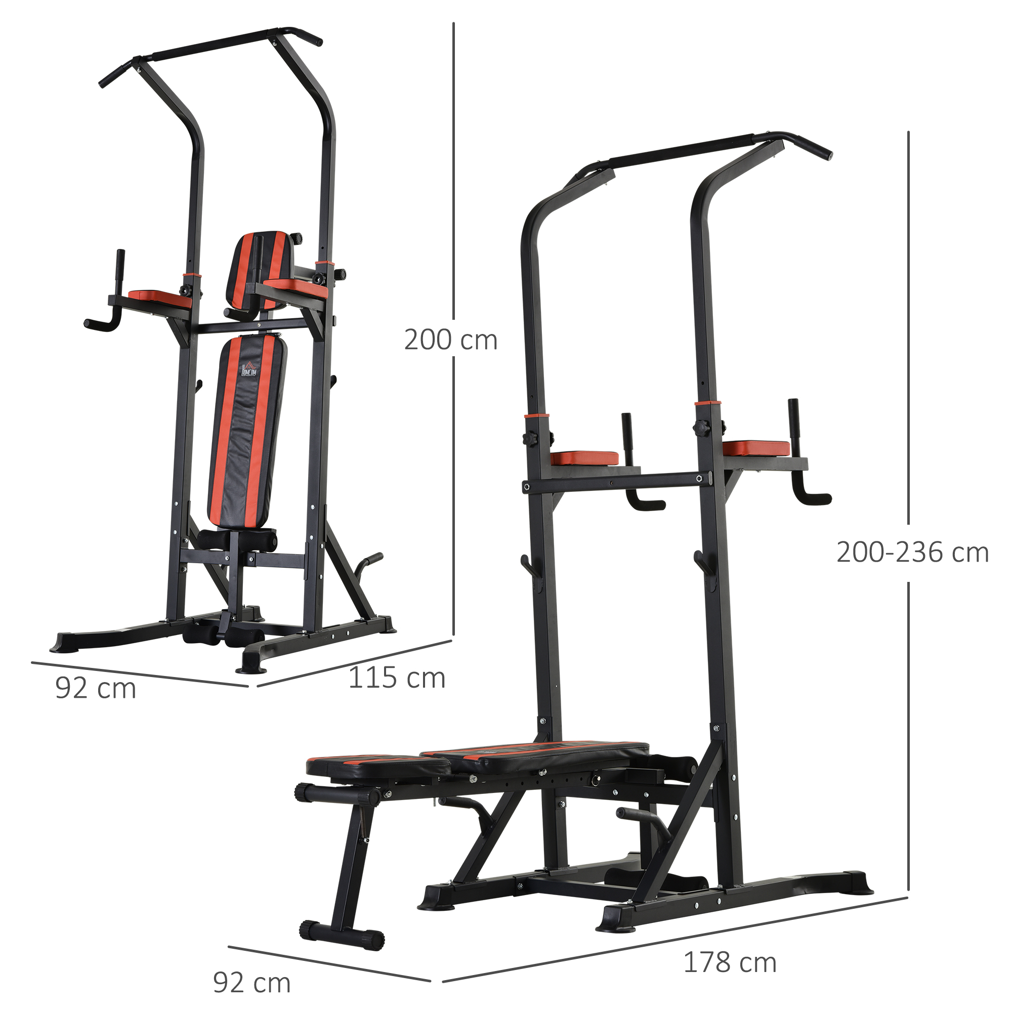 Attrezzatura da palestra, due unità, con misure. Una è una stazione per trazioni e l'altra una panca.