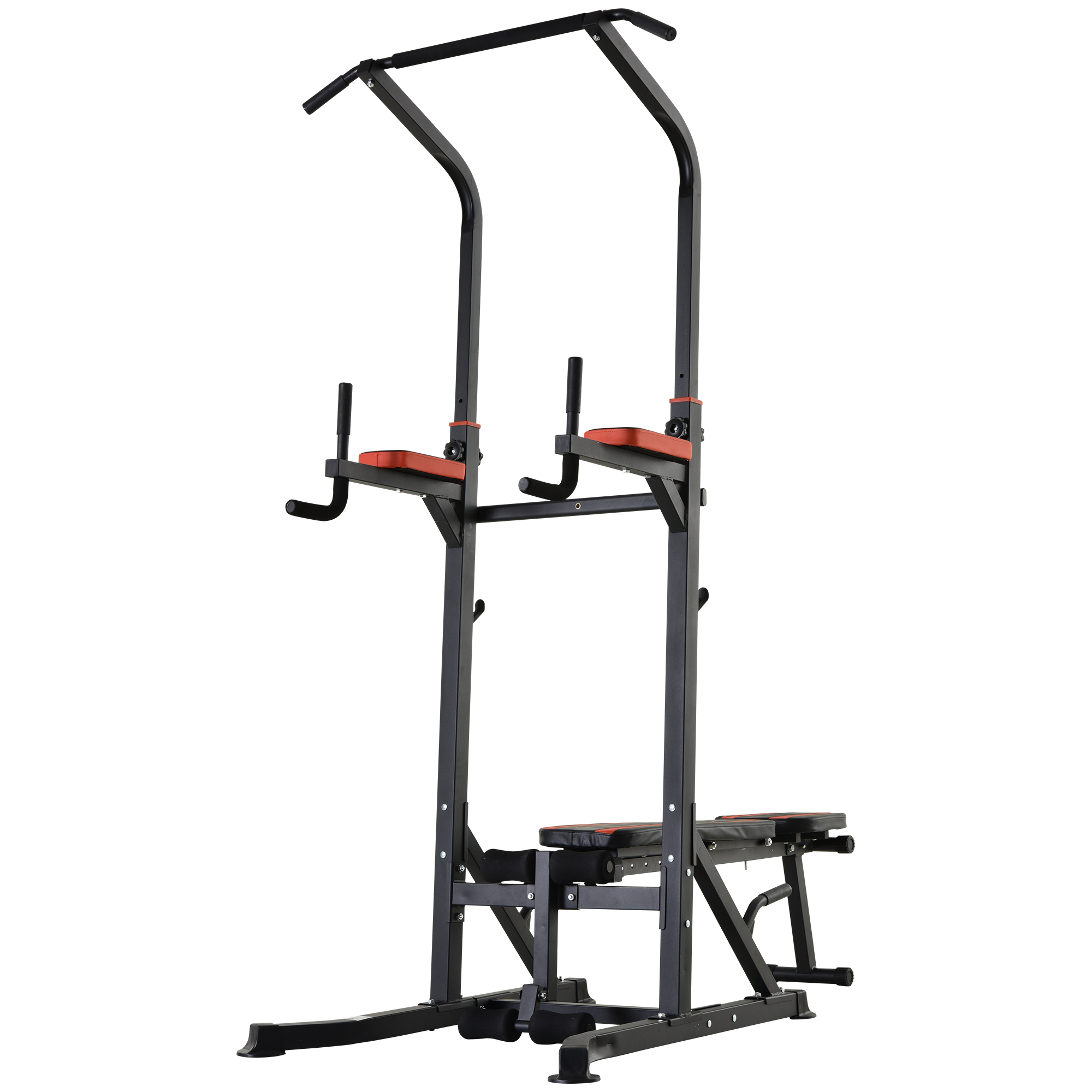 Attrezzatura da palestra nera e rossa. Include una sbarra per trazioni, parallele e una panca.