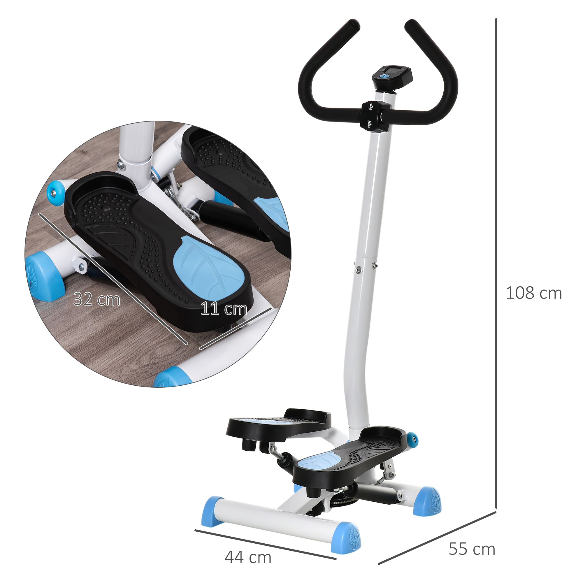 Uno stepper per esercizi con dimensioni. Include un primo piano che mostra le misure dei pedali.