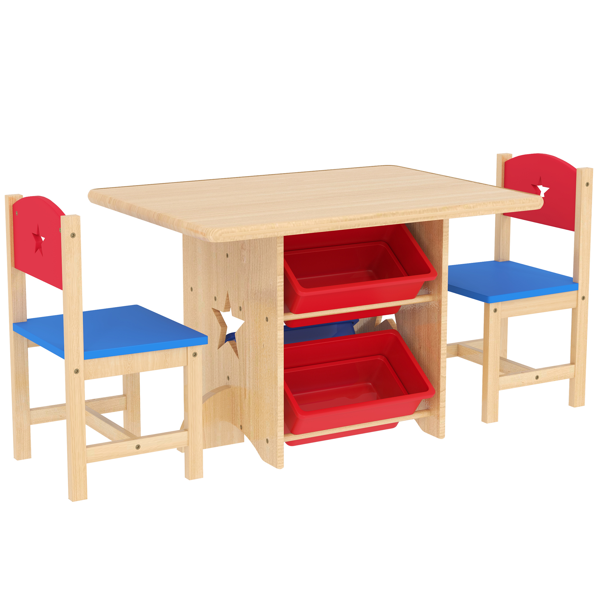 Un set di tavolo e sedie per bambini in una stanza. Il tavolo ha contenitori rossi.