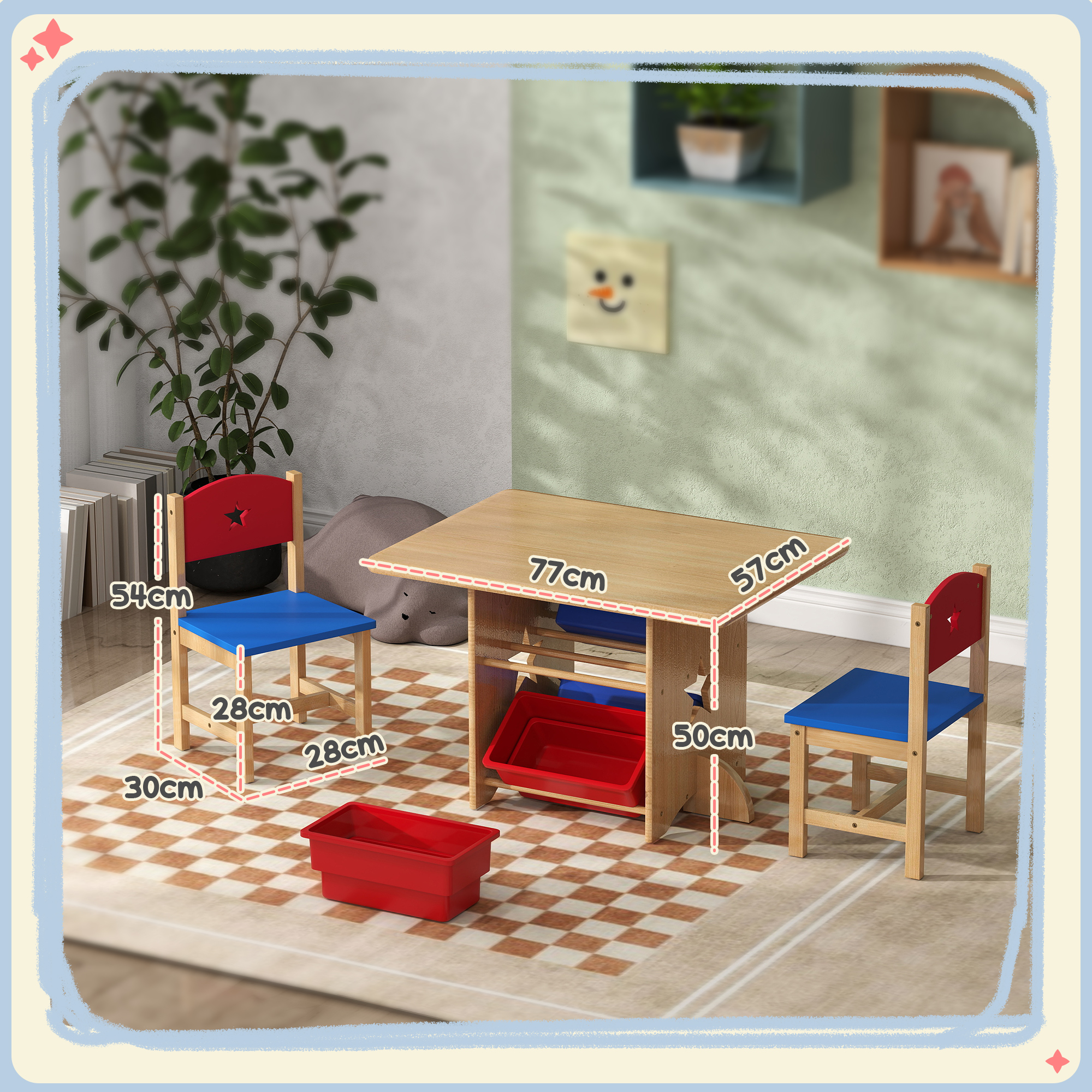 Set tavolo e sedie per bambini. Il tavolo ha dimensioni. Le sedie sono rosse e blu.