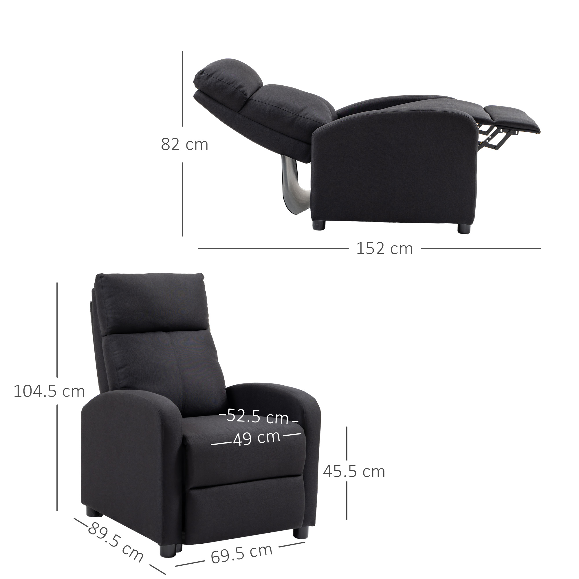 Due poltrone reclinabili con dimensioni, una reclinata e una verticale.