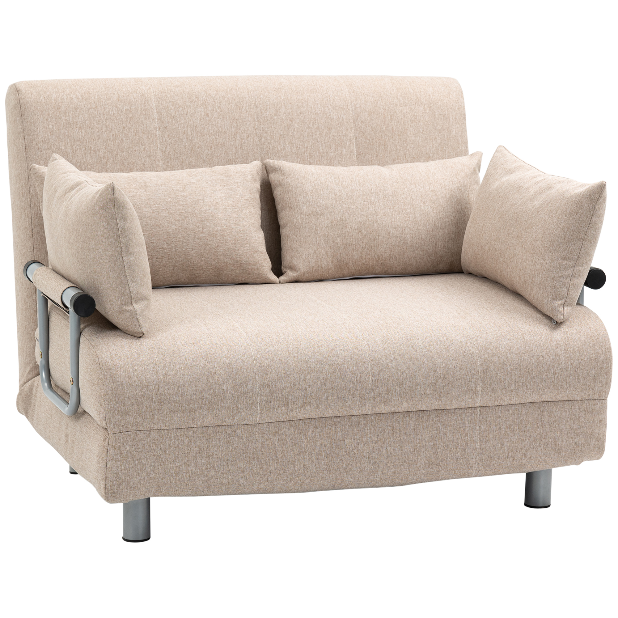 Divano letto beige con due cuscini e braccioli e gambe metalliche.