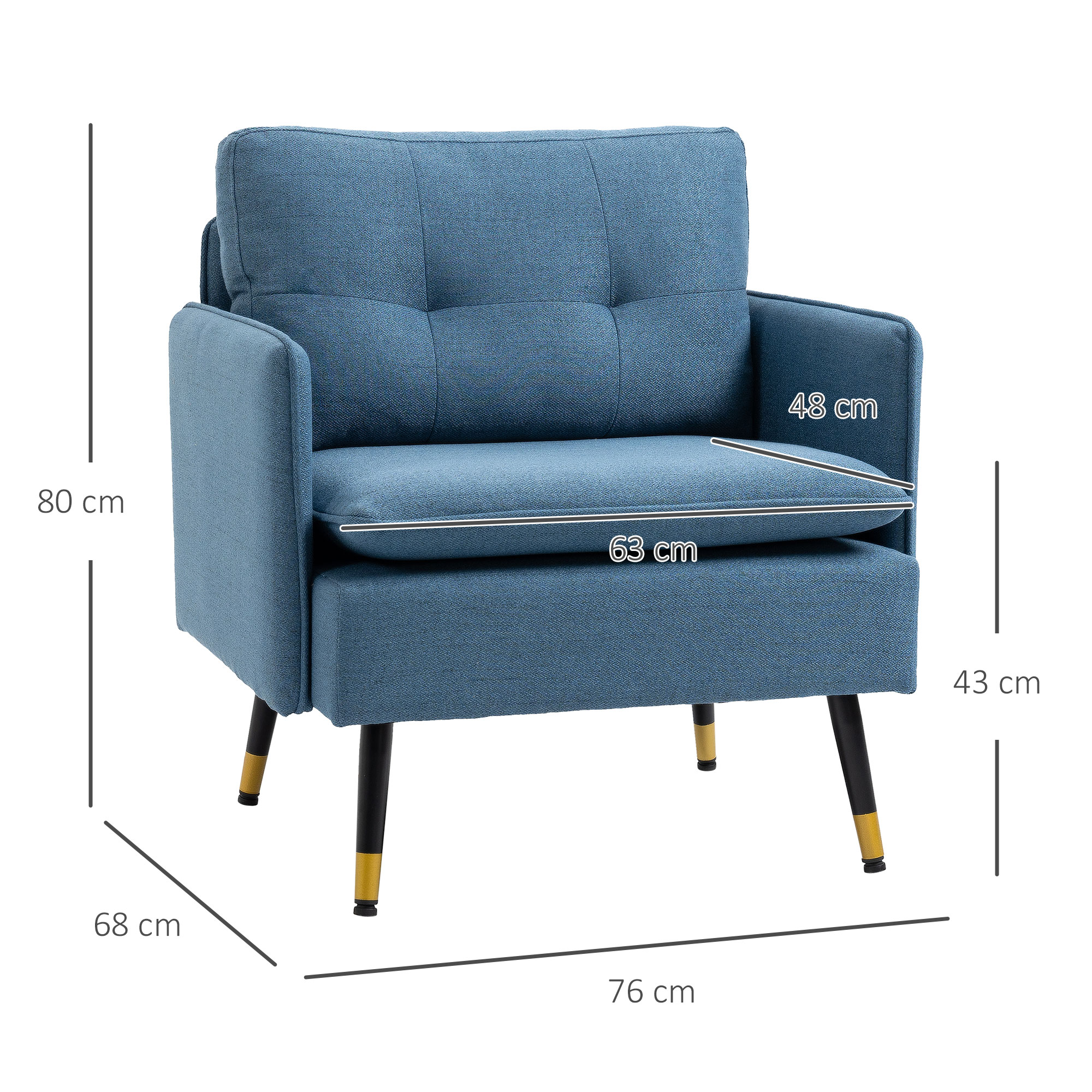 Poltrona in tessuto blu con dimensioni, gambe nere con punte dorate, in una stanza.