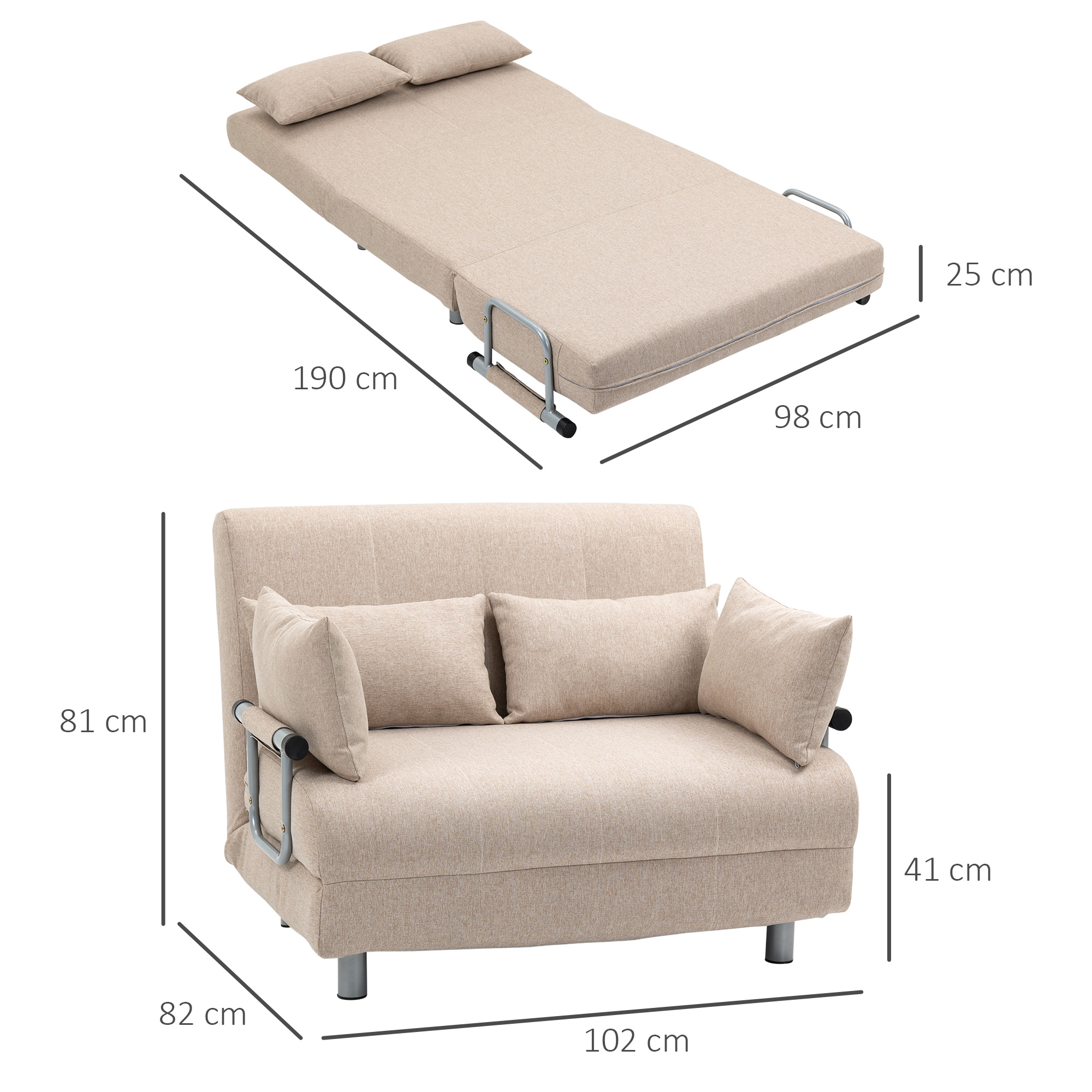 Divano letto beige, piegato e aperto, che mostra le dimensioni, con due cuscini.
