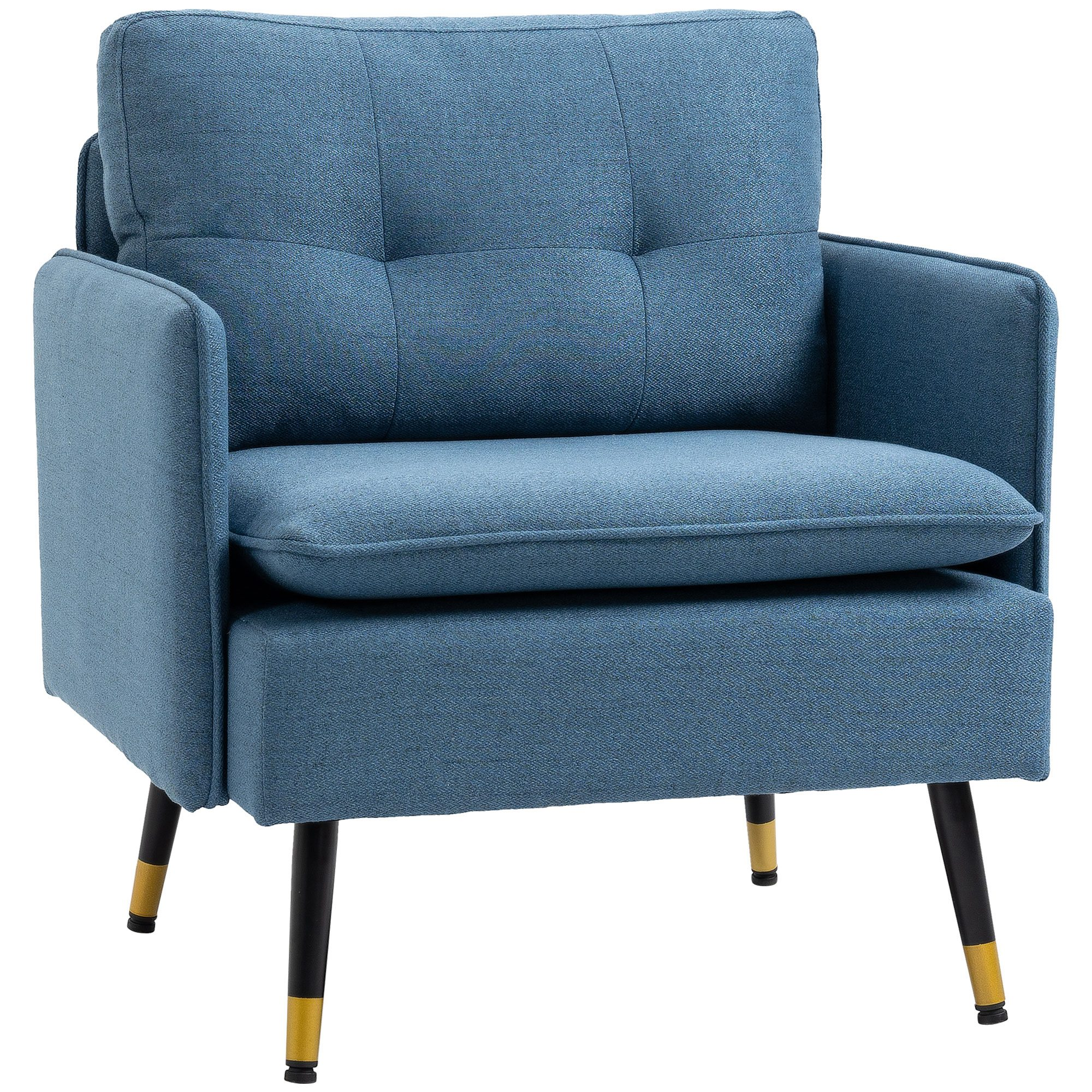 Una poltrona blu con gambe nere e punte dorate. Ha schienale e cuscino del sedile trapuntati.
