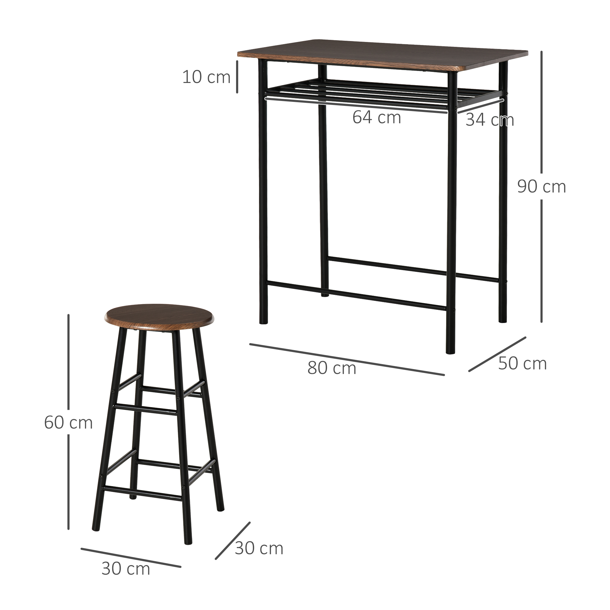 Set tavolo e sgabello da bar marrone e nero; Tavolo: 90 cm alto, 80 cm lungo, 50 cm largo. Sgabello: 60 cm alto.