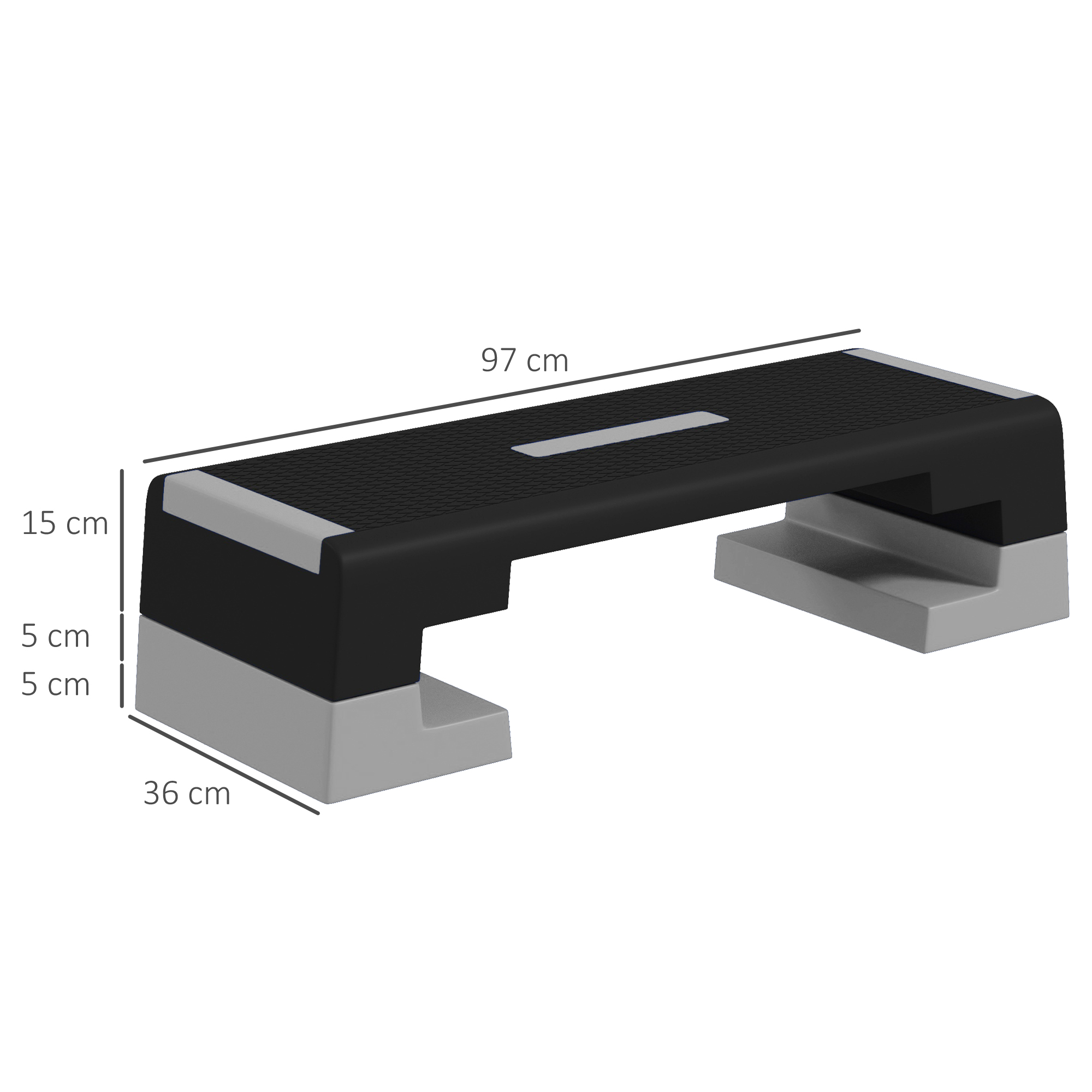 Piattaforma step nera e grigia con dimensioni. È per il fitness ed è su sfondo bianco.