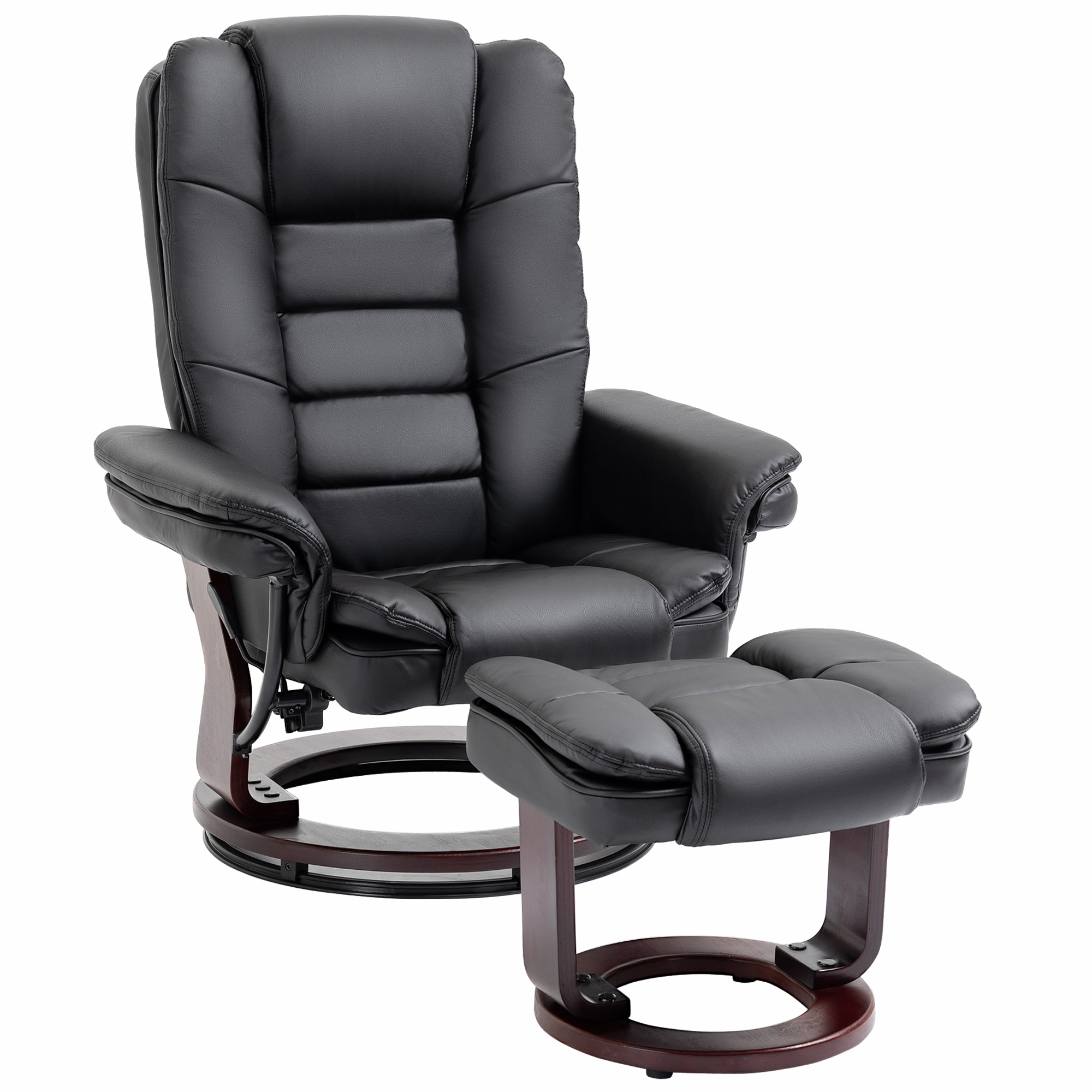 Poltrona reclinabile in pelle nera con pouf abbinato. Entrambi su base in legno.