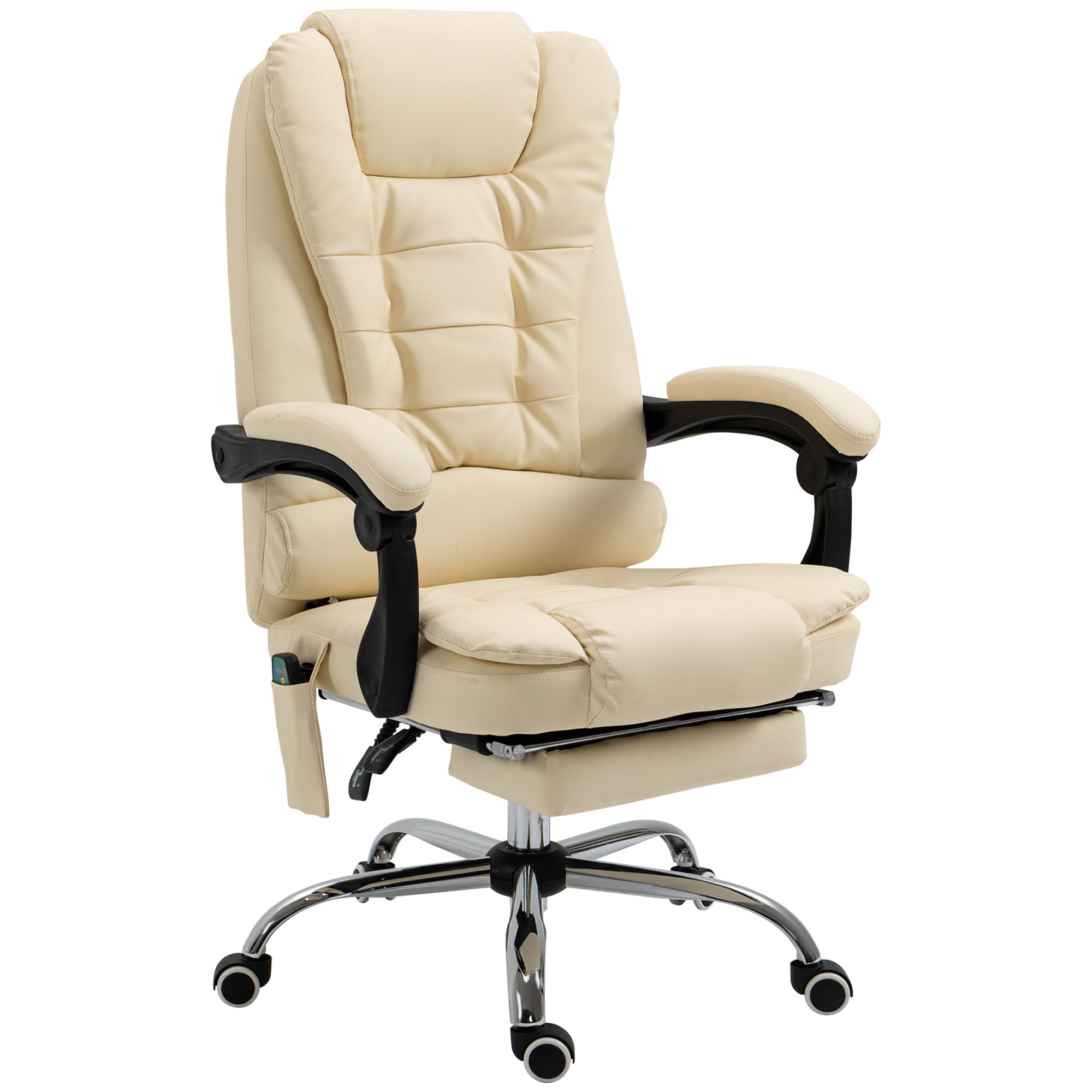 Sedia da ufficio color crema con braccioli, poggiapiedi e base cromata, isolata.