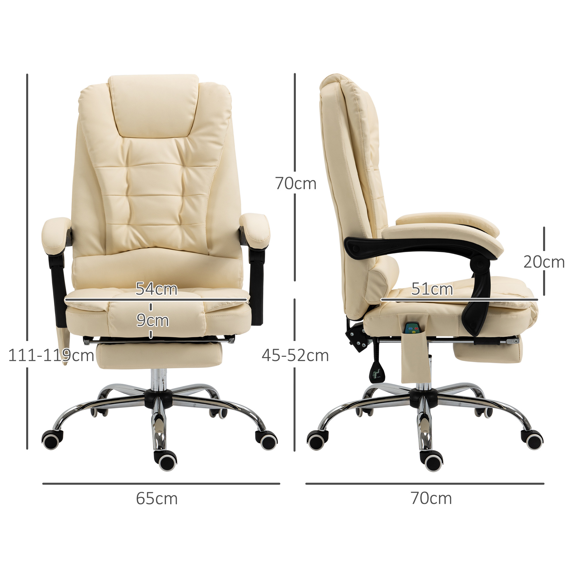 Sedia da ufficio color crema con dimensioni. Poggiapiedi e braccioli.