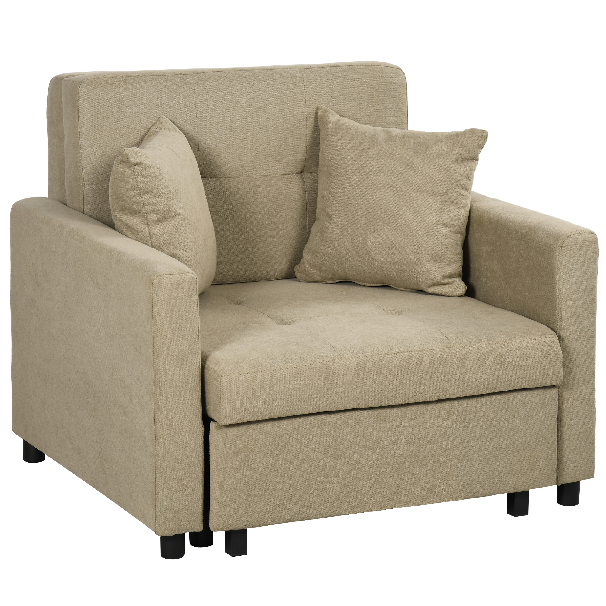 Una poltrona beige con due cuscini su sfondo bianco. Ha gambe nere.