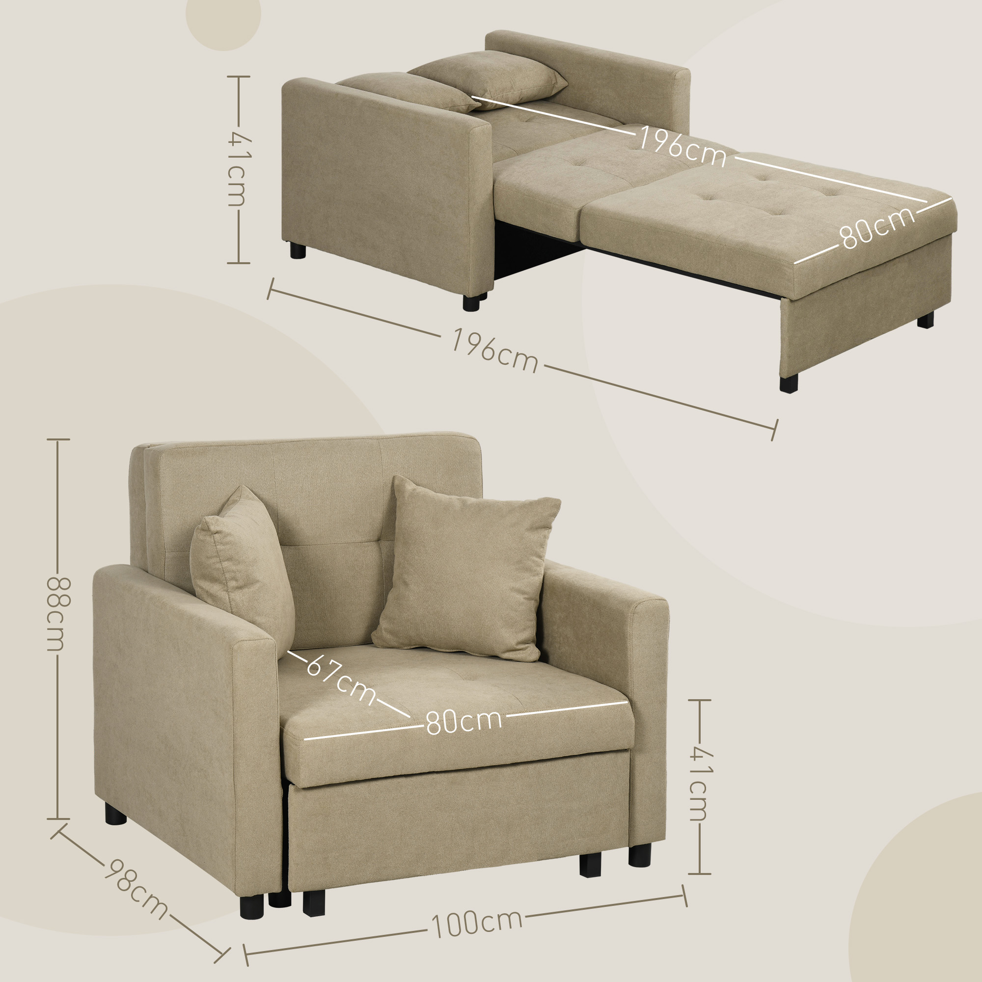 Divano-poltrona letto convertibile beige; base 98x100cm, alto 88cm. Letto esteso: lungo 196cm, largo 80cm.