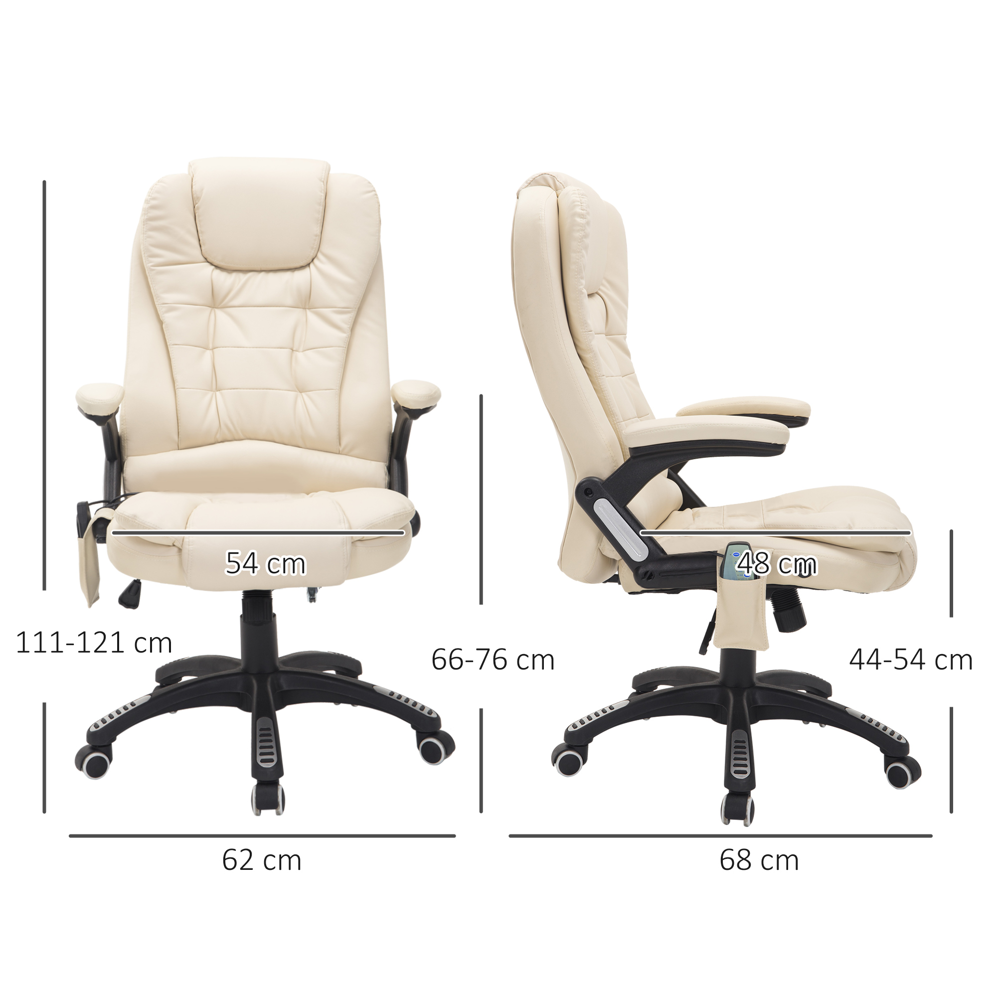 Sedia da ufficio color crema con dimensioni. Braccioli e poggiapiedi.