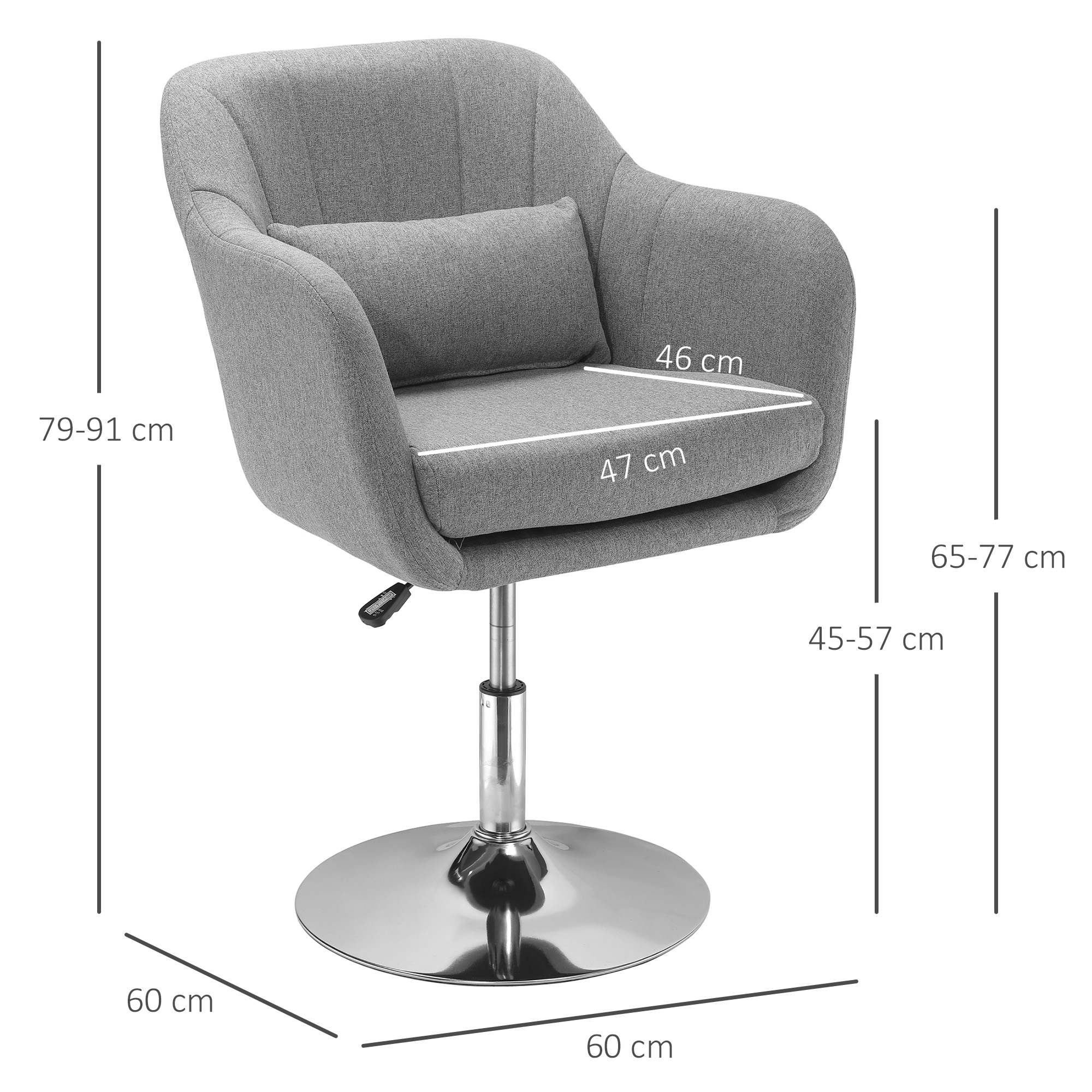 Sedia girevole grigia con dimensioni etichettate: altezza 79-91 cm, larghezza 60 cm, larghezza seduta 47 cm.
