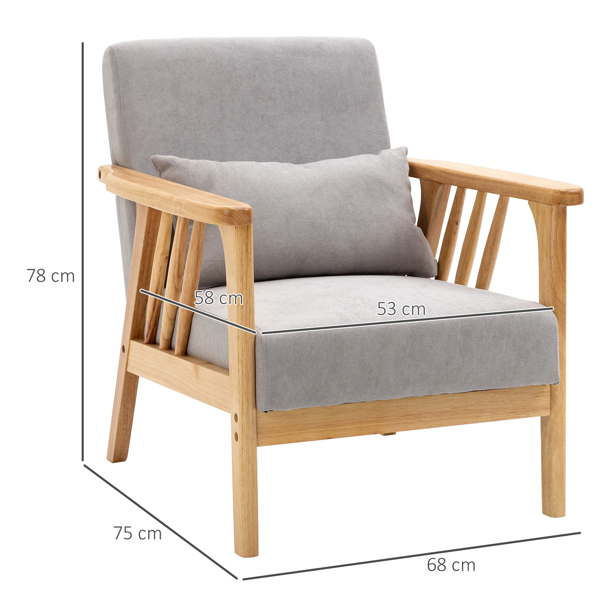Poltrona grigia con struttura in legno, con dimensioni, su sfondo bianco.