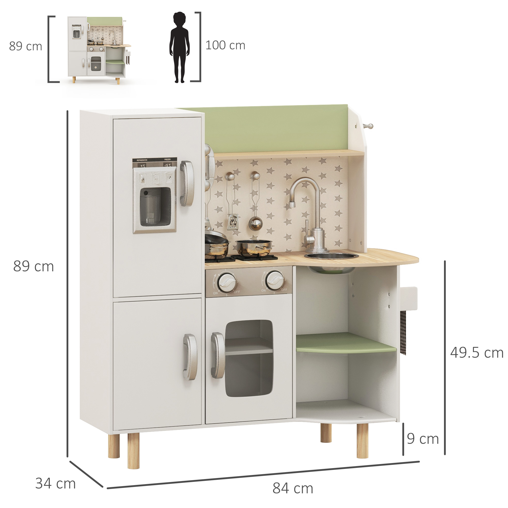 Cucina giocattolo bianca e verde con elettrodomestici. Dimensioni mostrate. Sagoma di una persona.