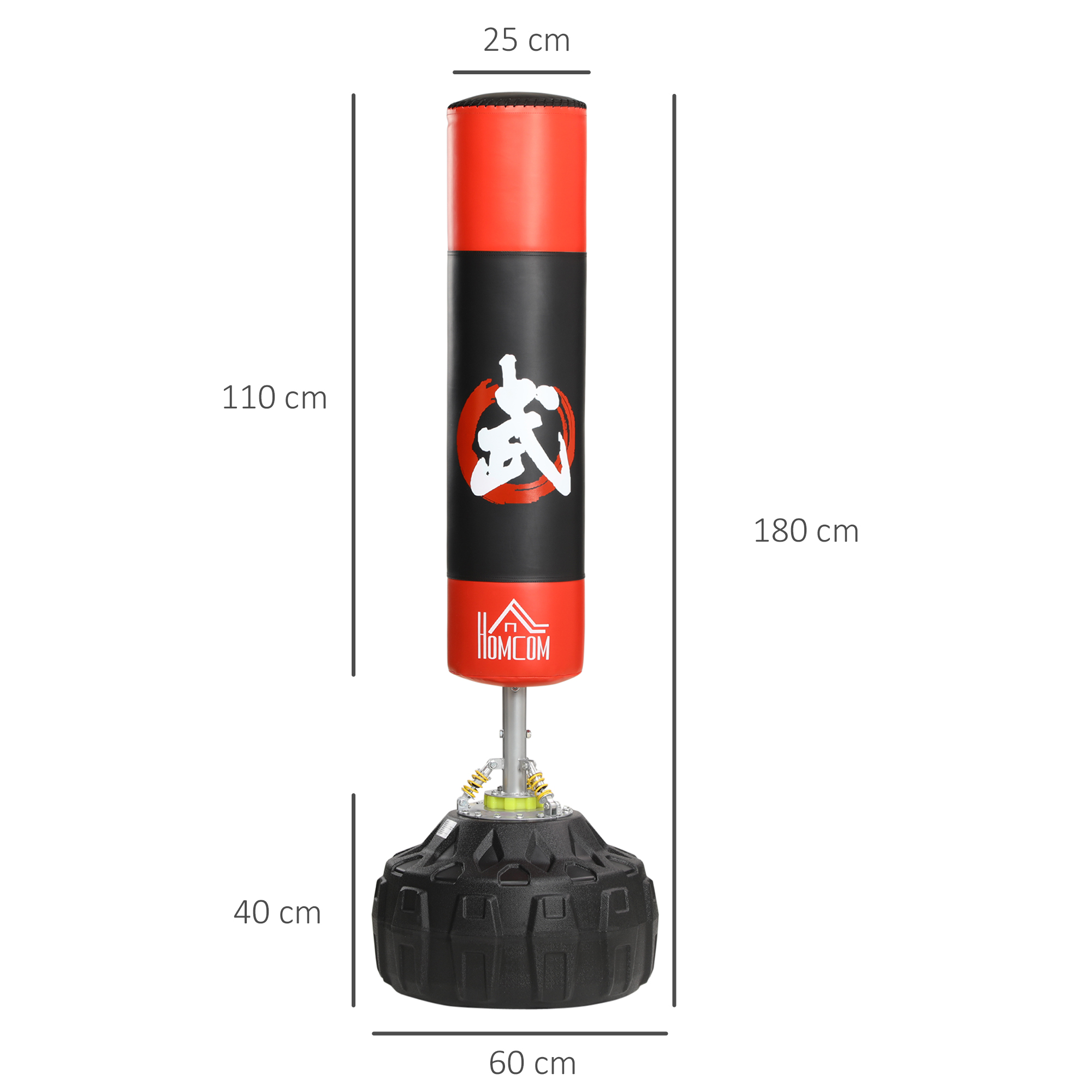 Sacco da boxe rosso e nero con logo. Dimensioni mostrate.