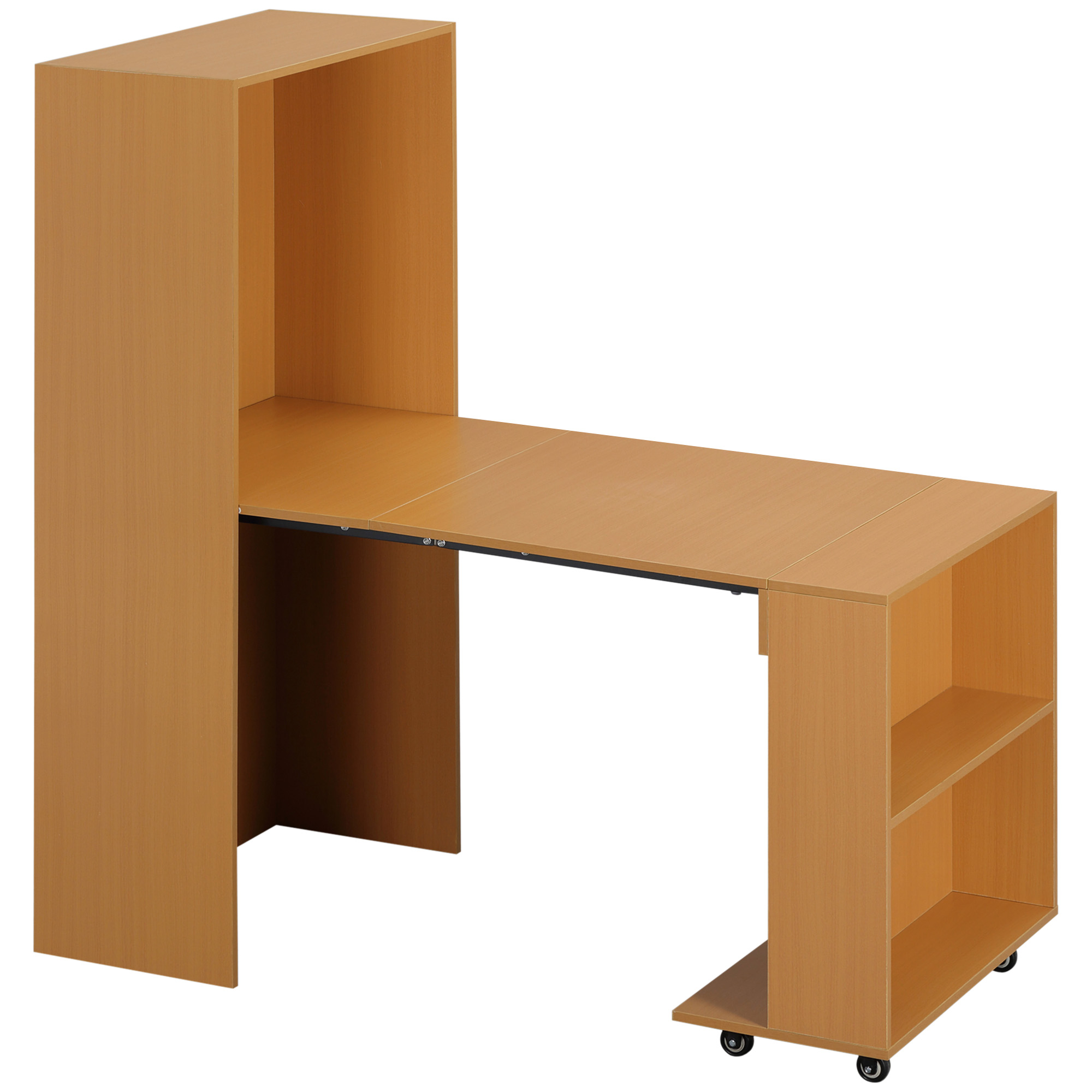 Scrivania in legno con vani contenitori, con sezione rialzata, su sfondo bianco.