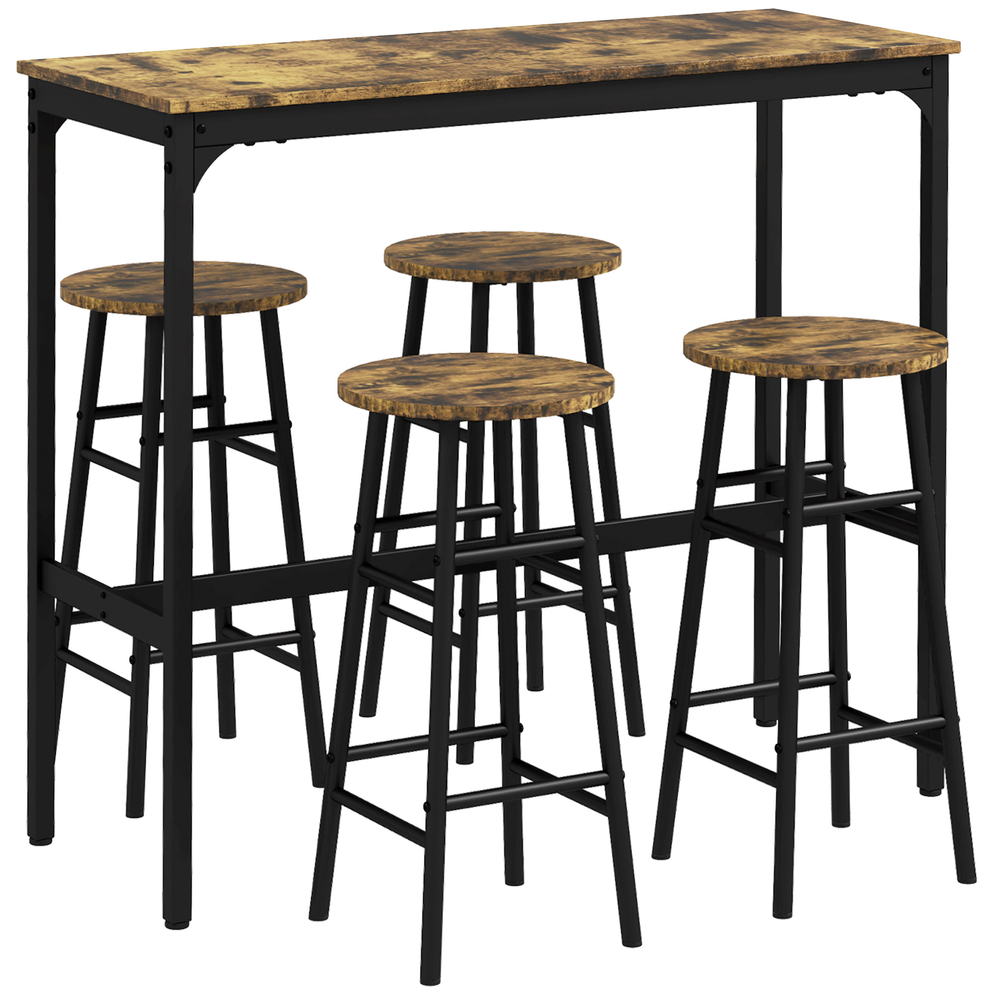 Un tavolo da bar con quattro sgabelli. Tavolo e sgabelli hanno piano in legno e gambe in metallo nero.