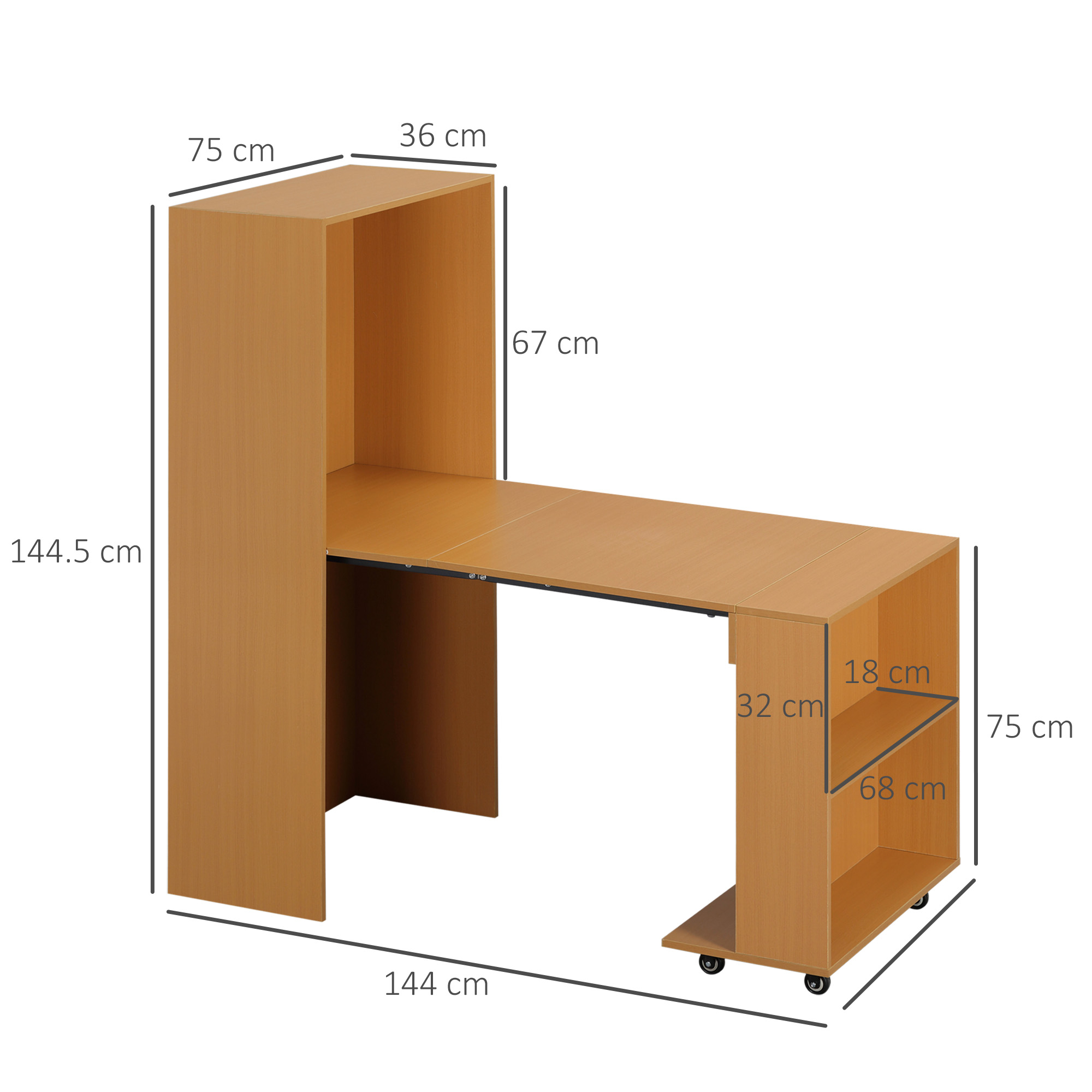Scrivania in legno con dimensioni, con un mobile e mensole, su sfondo bianco.