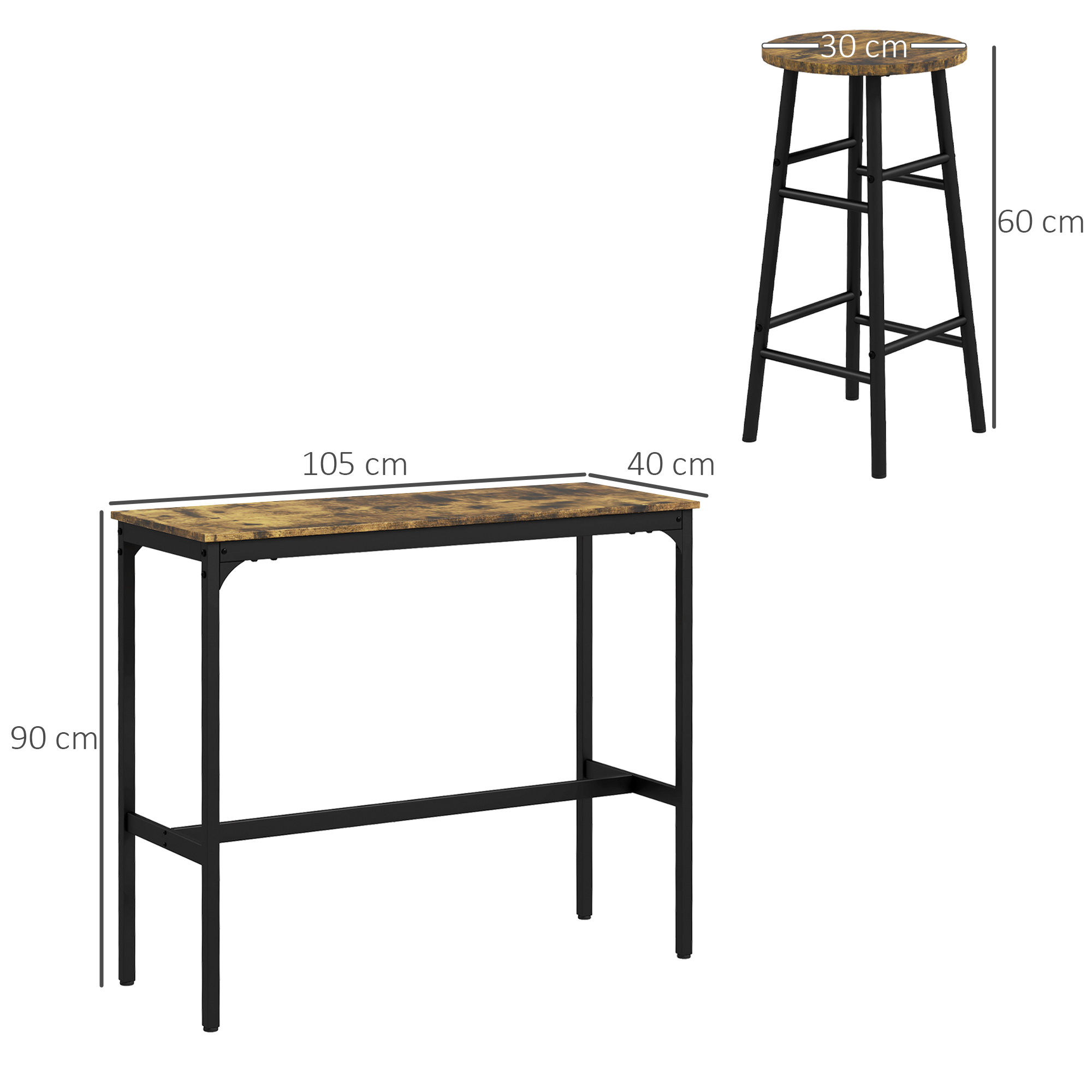 Tavolo e sgabello da bar alti con finitura legno. Il tavolo è lungo 105 cm. Cornici in metallo nero.