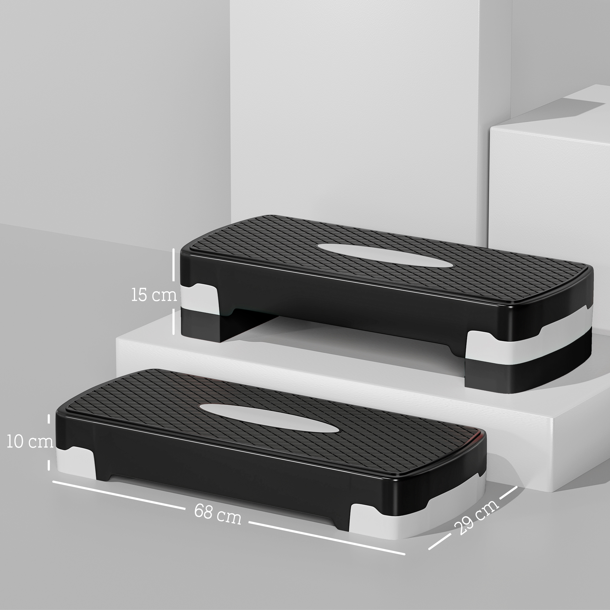 Piattaforma a gradini in bianco e nero con misure. Presenta una parte superiore strutturata e dettagli bianchi.