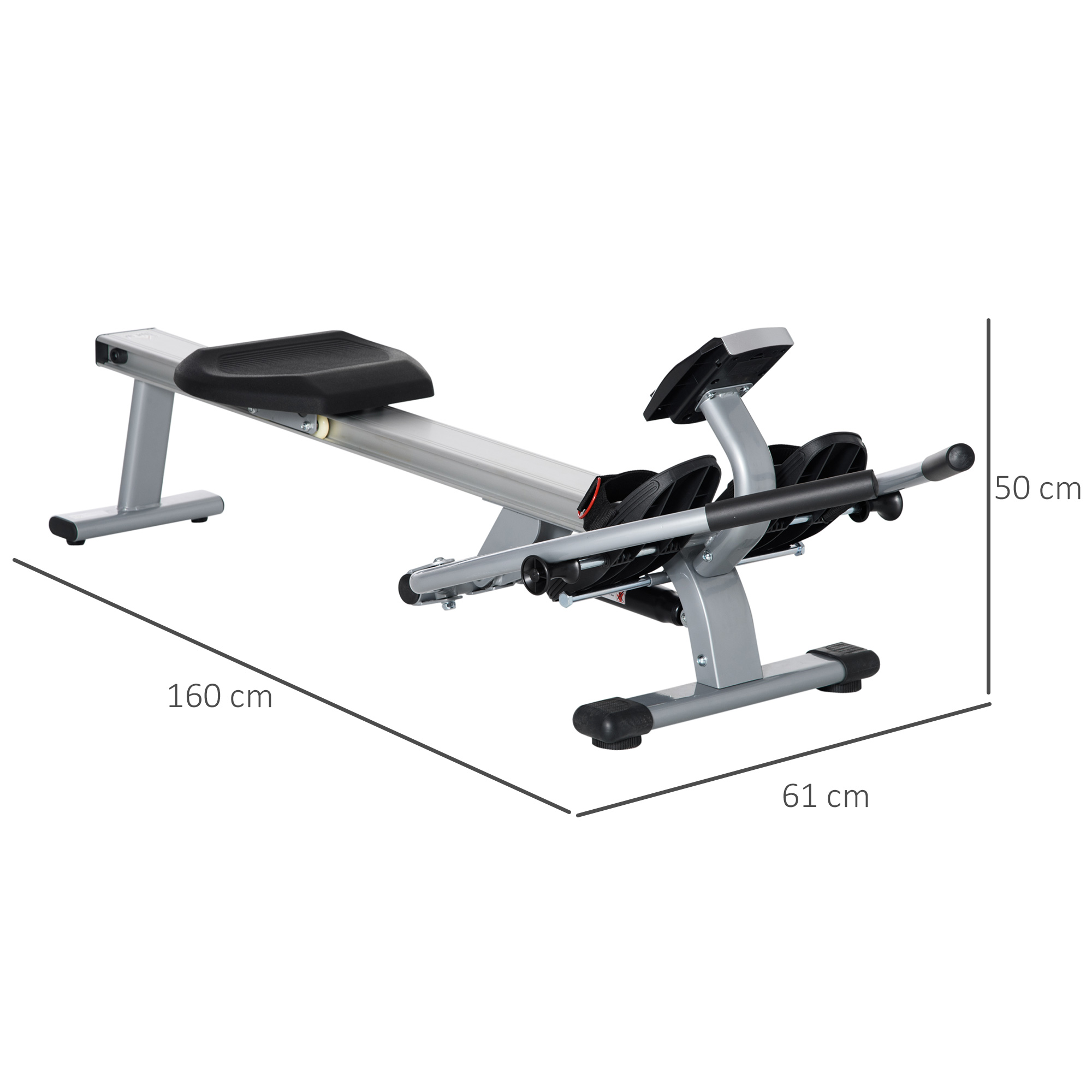 Rematore argento con dimensioni. Lunghezza 160 cm, altezza 50 cm, larghezza 61 cm.