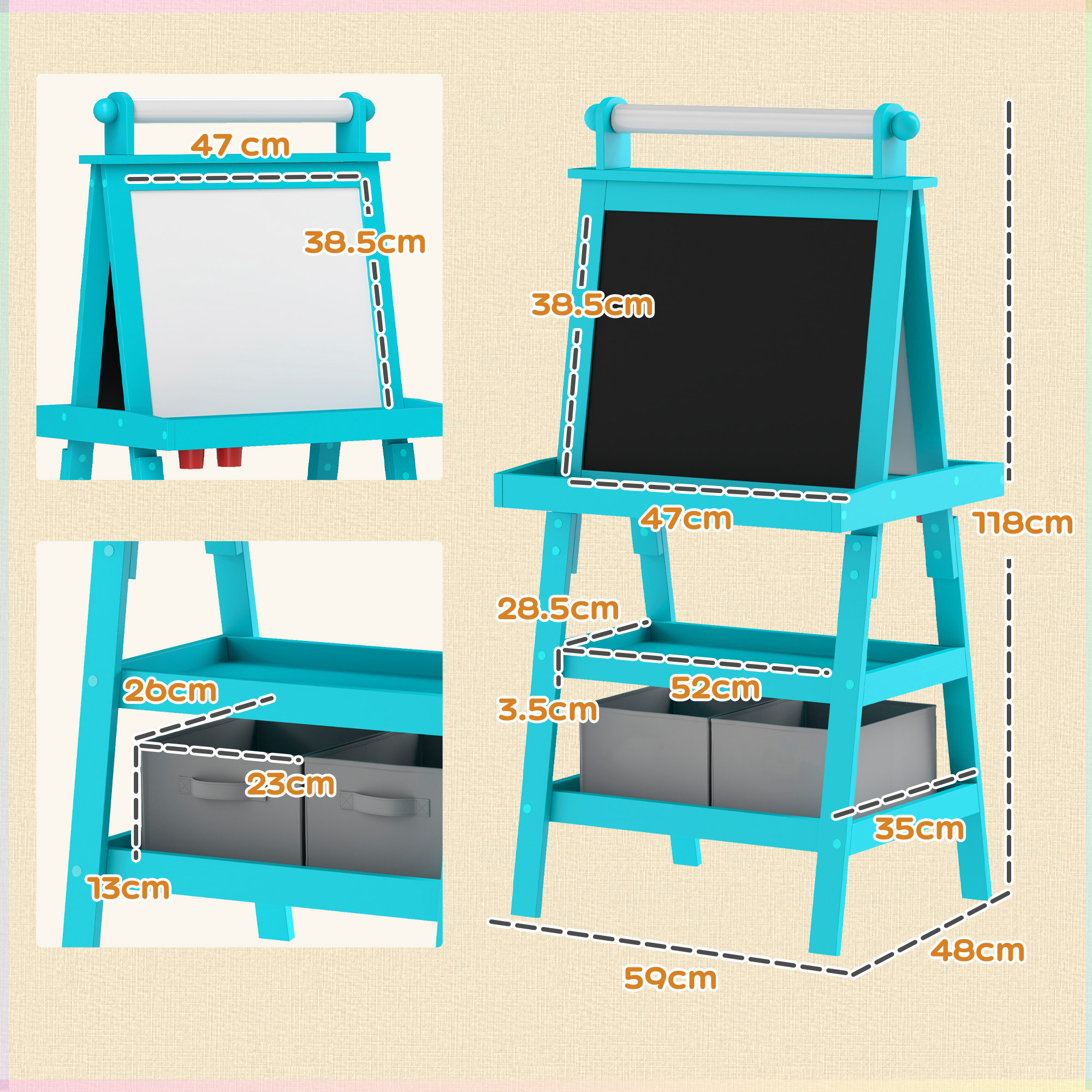 Cavalletto blu con dimensioni. Include due contenitori grigi. Lavagna e lavagna presenti.