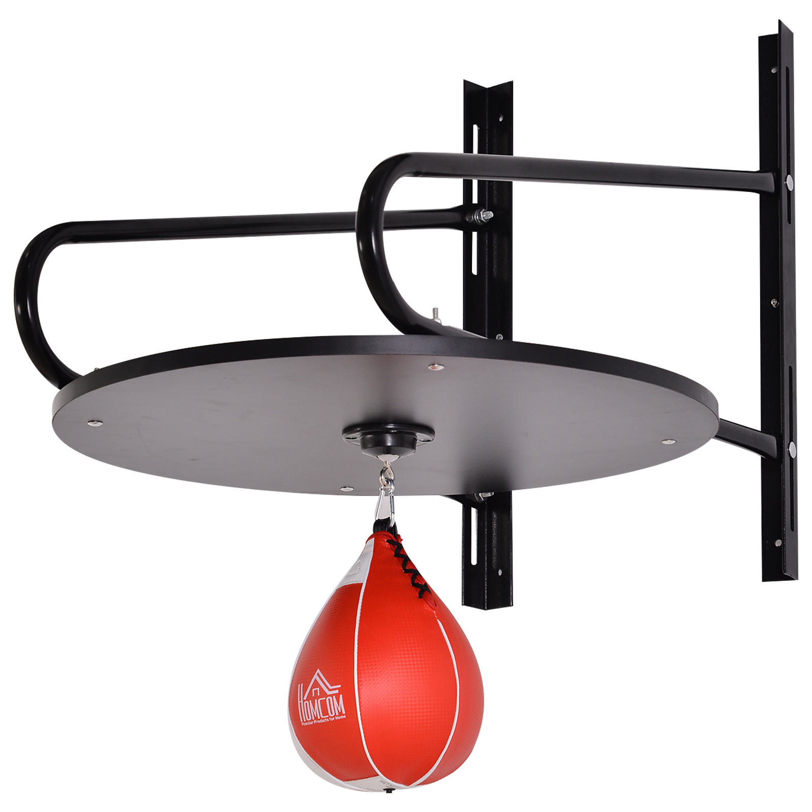 Sacco da velocità e supporto a parete con un sacco da boxe rosso e bianco.