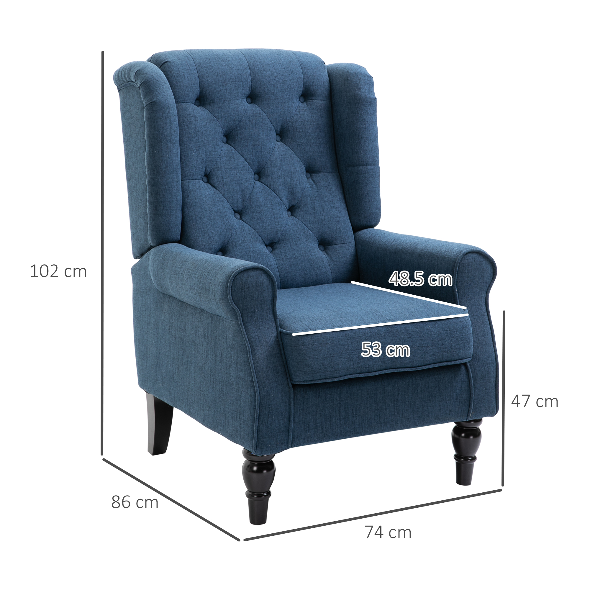 Poltrona blu con dimensioni. La sedia ha uno schienale alto e gambe in legno.