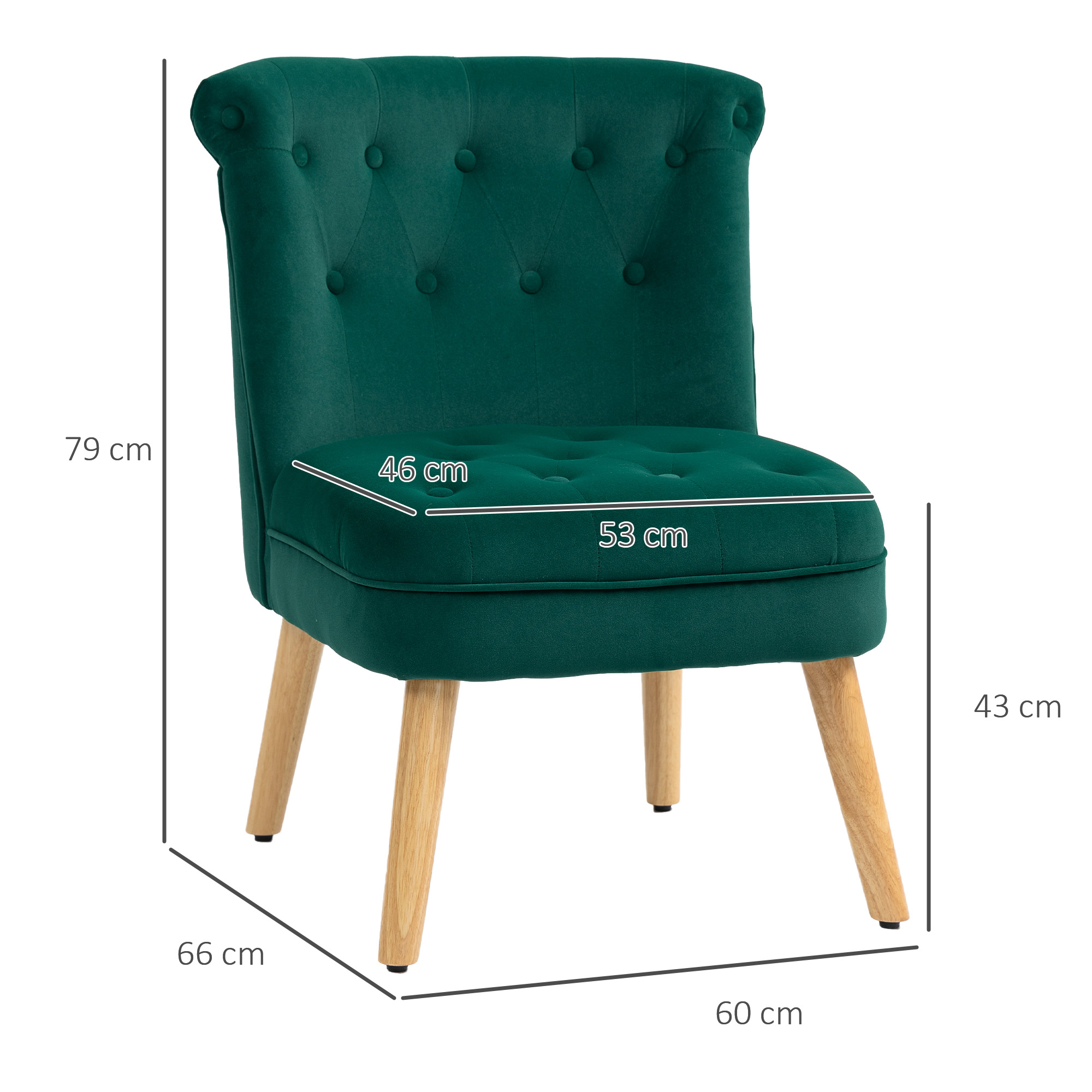 Sedia in velluto verde con gambe in legno. Dimensioni: 79x66x60cm.