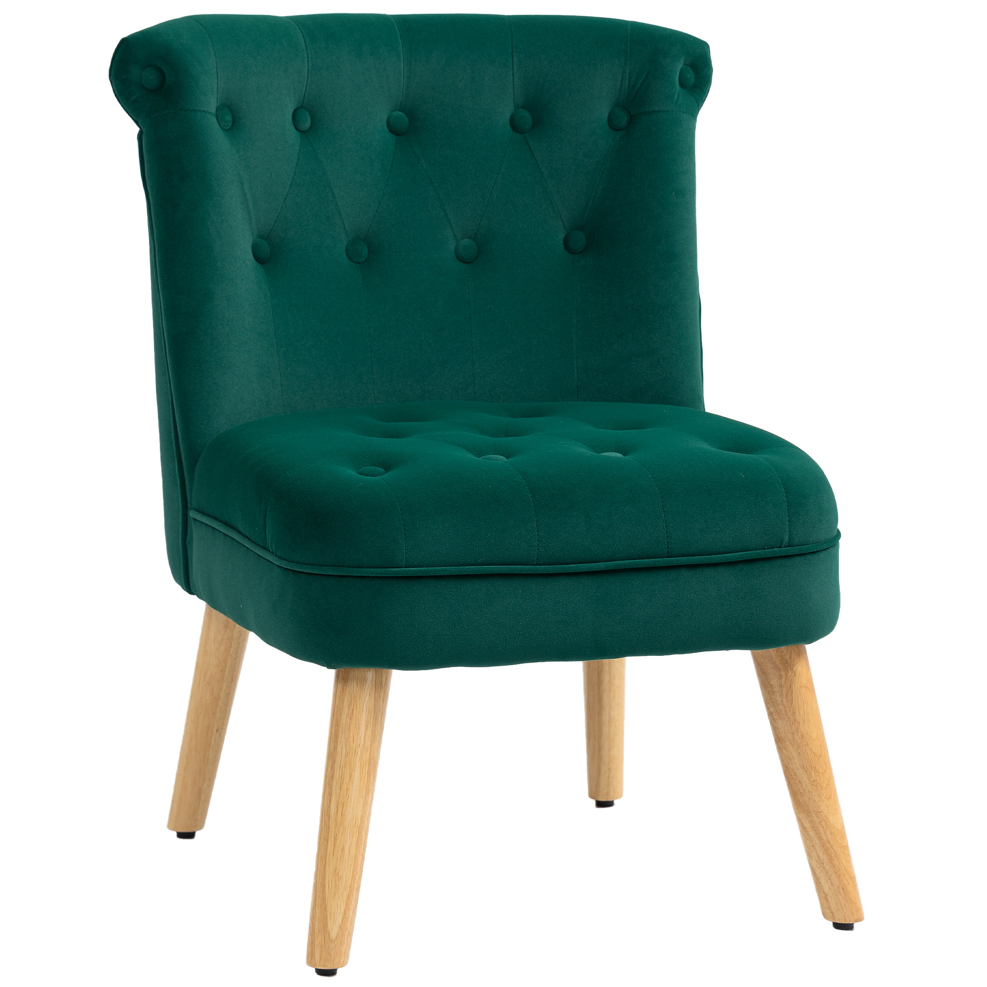 Sedia in velluto verde con gambe in legno, schienale e seduta trapuntati. Vista frontale, sfondo bianco.