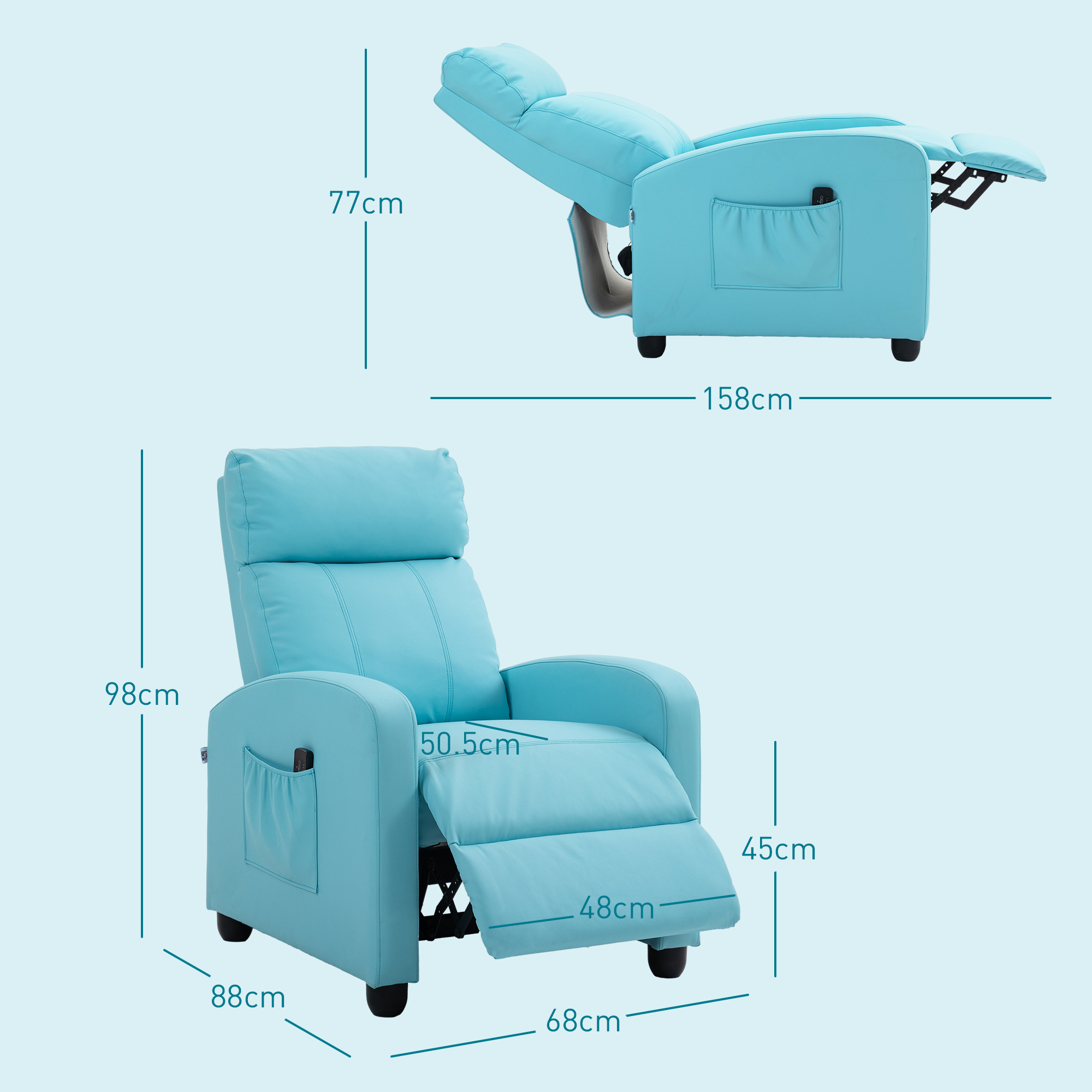 Poltrona reclinabile blu con dimensioni in cm, che mostra posizioni aperte e chiuse.